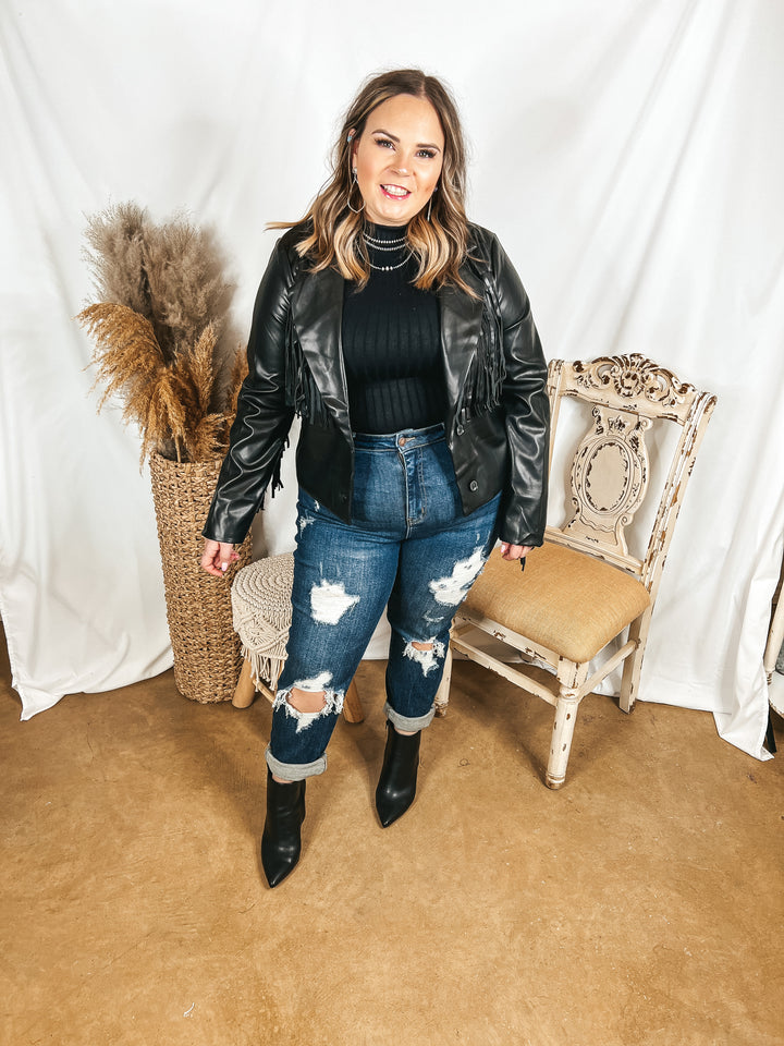 Off the Record Faux Leather Fringe Jacket in Black - Giddy Up Glamour Boutique