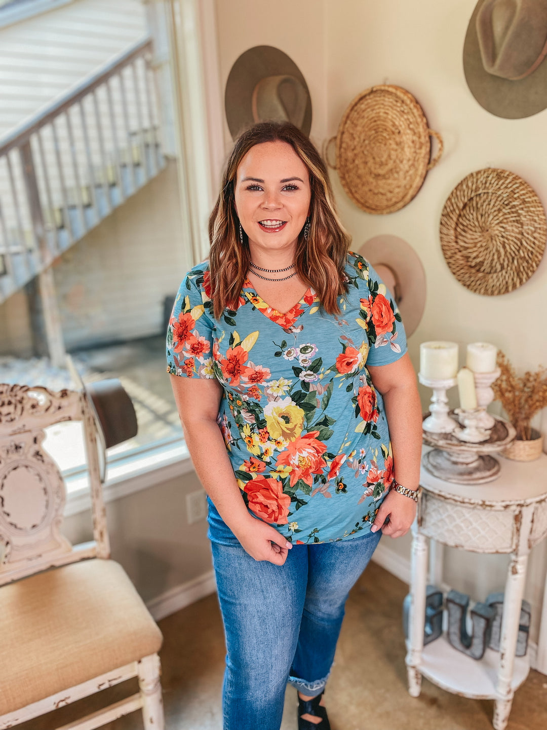 Keep Things Simple Floral V Neck Tee in Sky Blue - Giddy Up Glamour Boutique