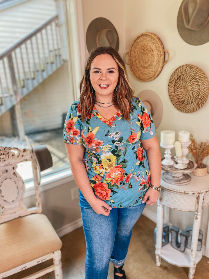 Keep Things Simple Floral V Neck Tee in Sky Blue - Giddy Up Glamour Boutique