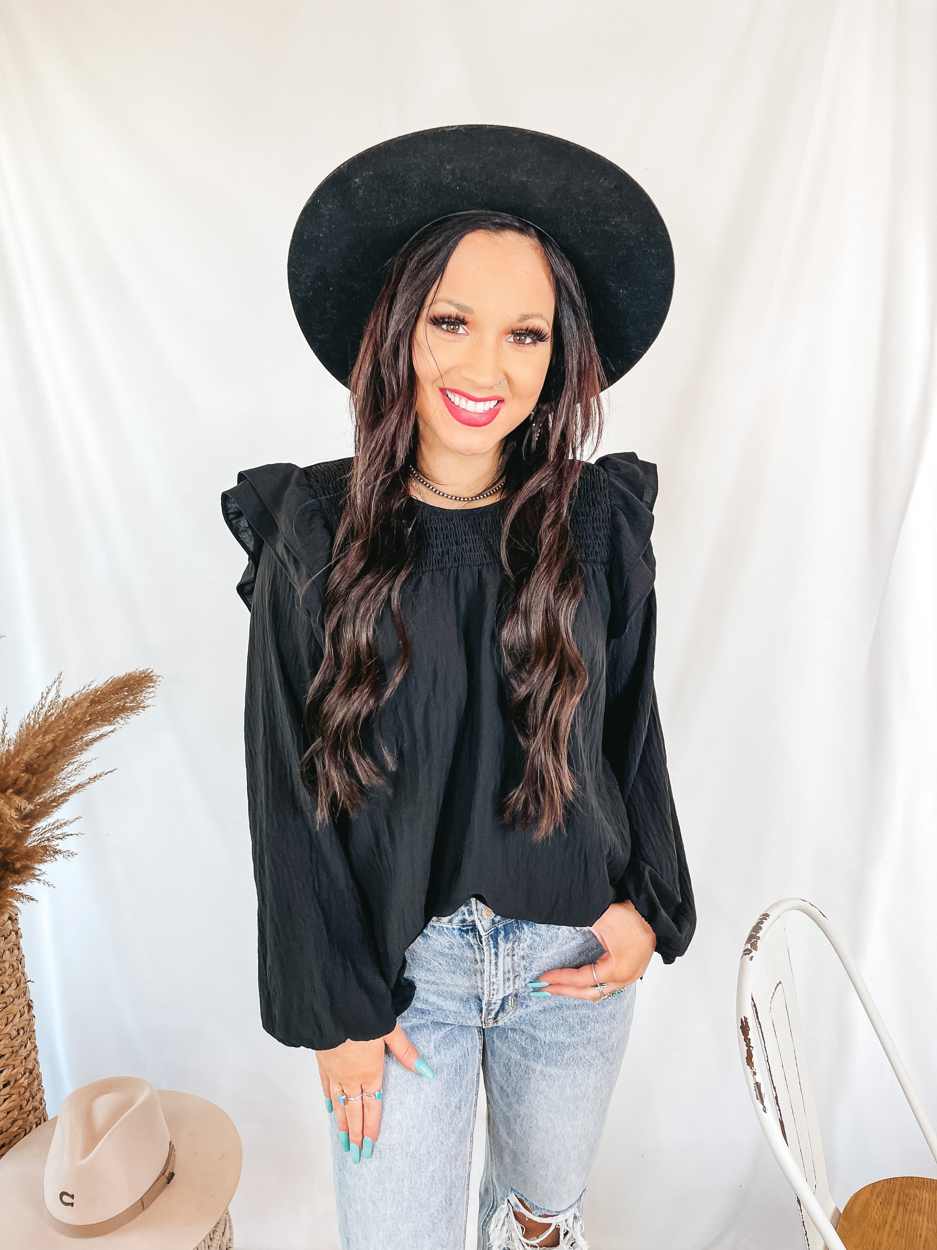 Balcony Nights Ruffle Shoulder Long Sleeve Blouse in Black - Giddy Up Glamour Boutique