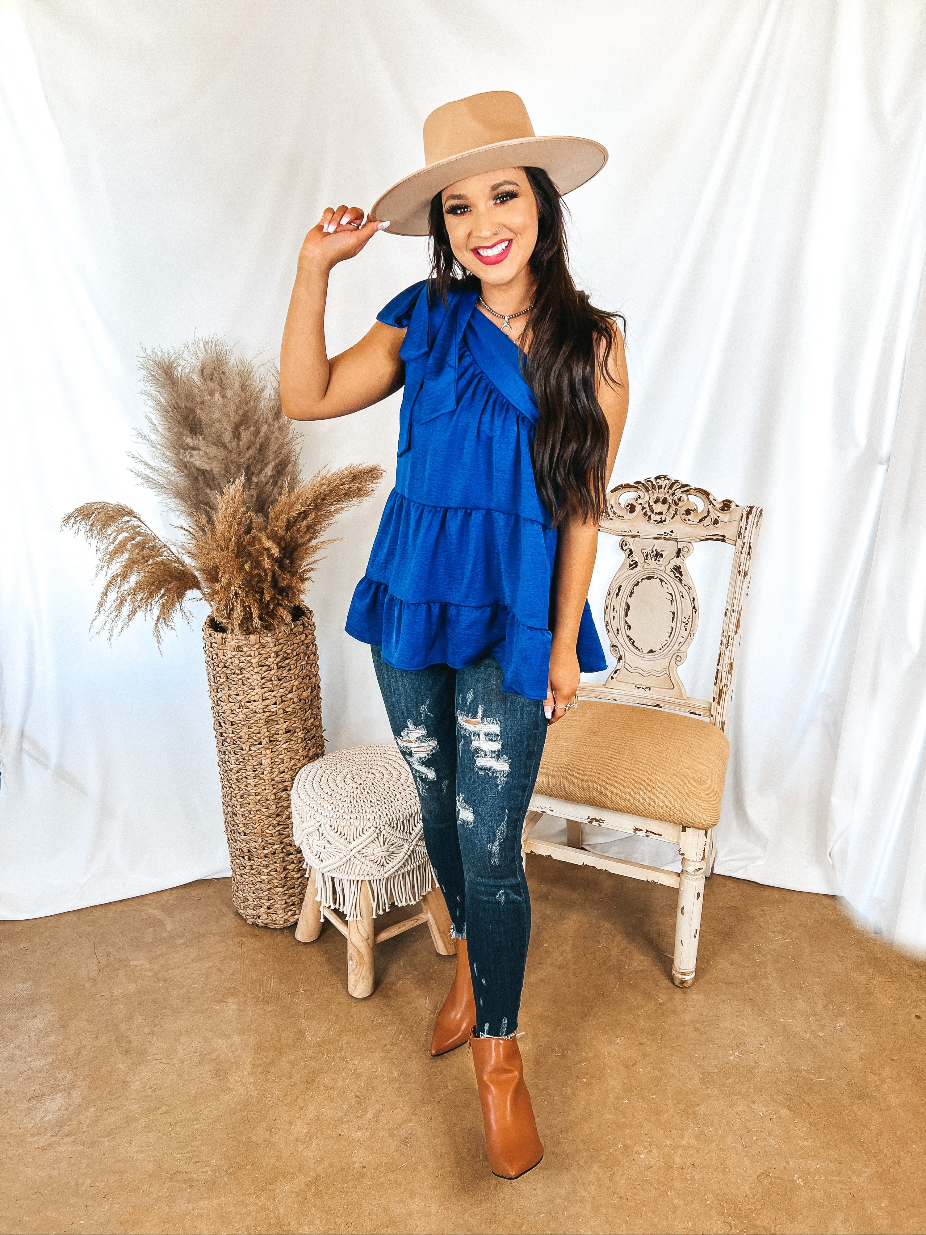 Sparks In the Air Tie One Shoulder Tiered Blouse in Royal Blue - Giddy Up Glamour Boutique