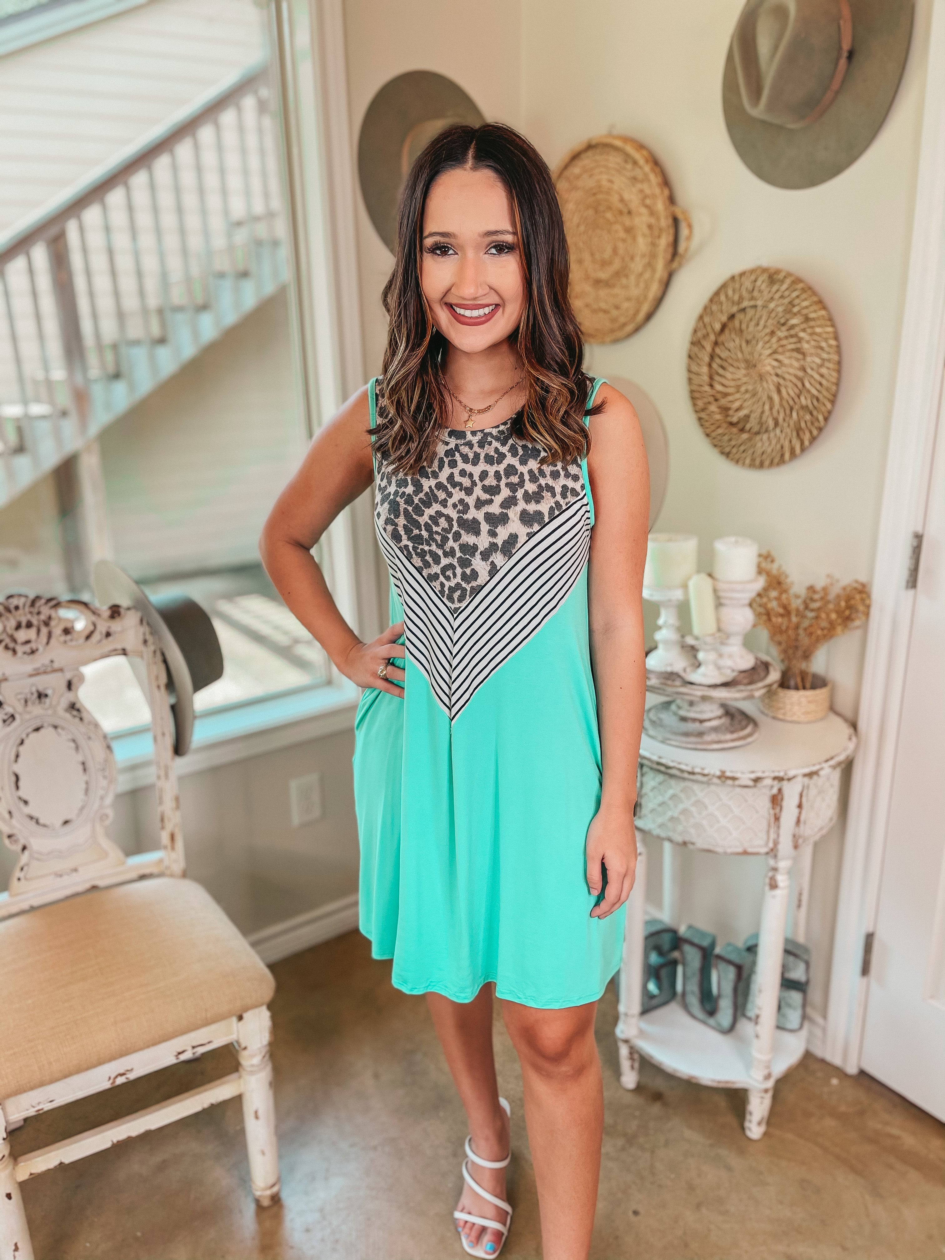 Pretty in Prints Leopard and Striped Tank Top Dress in Mint - Giddy Up Glamour Boutique