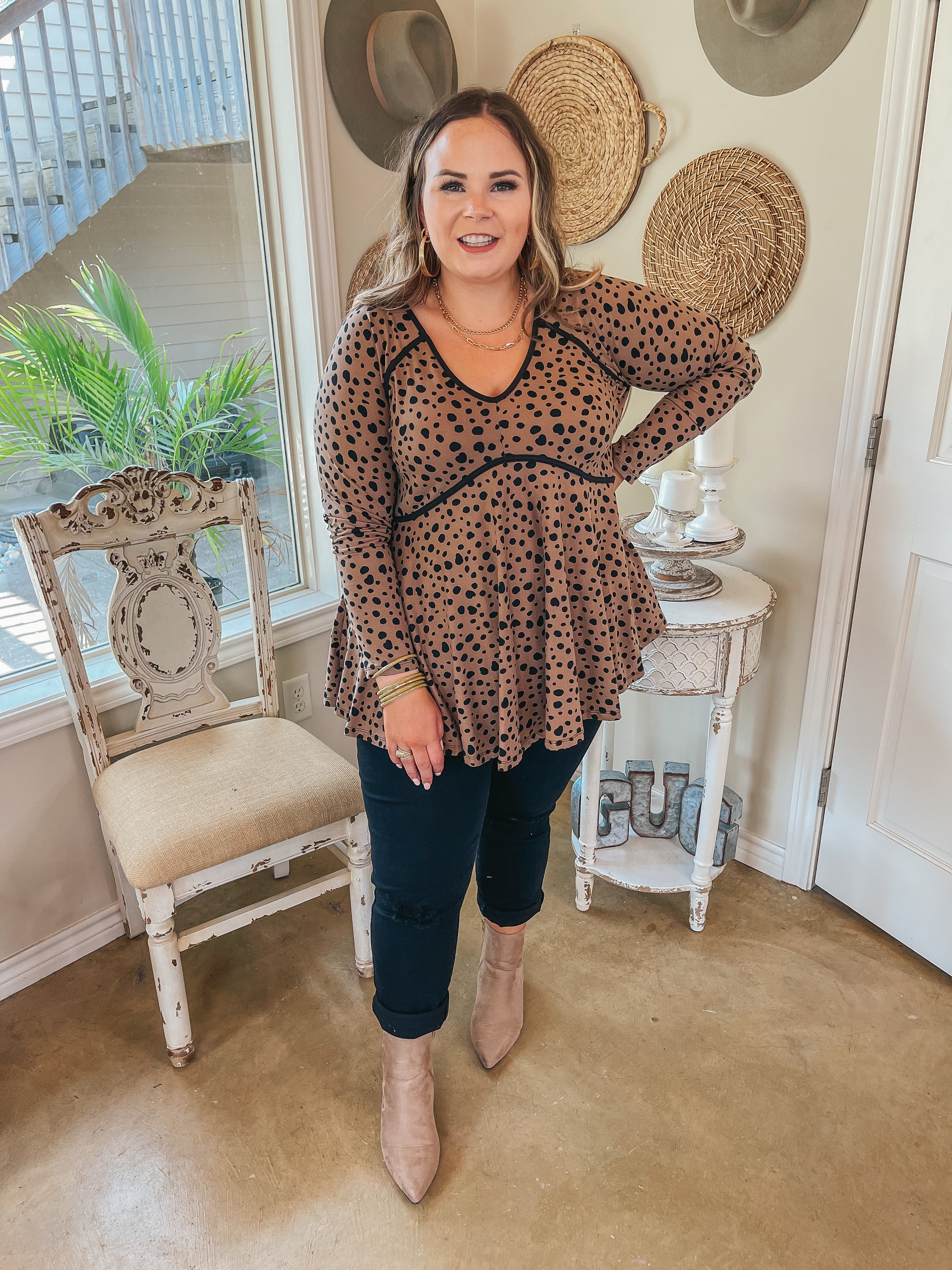 She's A Doll Long Sleeve Dotted Babydoll Top with V Neckline in Brown - Giddy Up Glamour Boutique