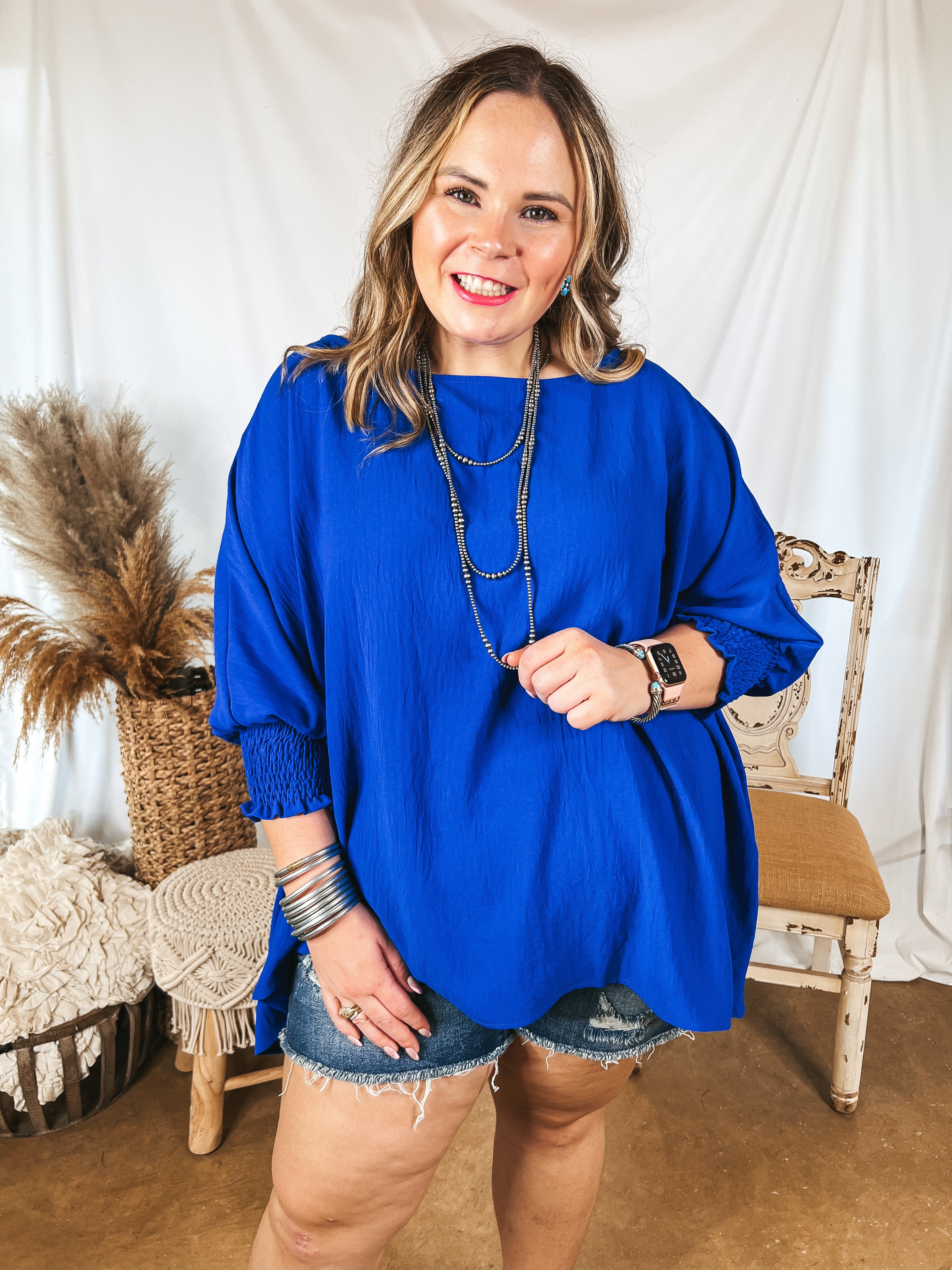 Growing and Glowing Smocked 3/4 Sleeve Oversized Blouse in Royal Blue - Giddy Up Glamour Boutique
