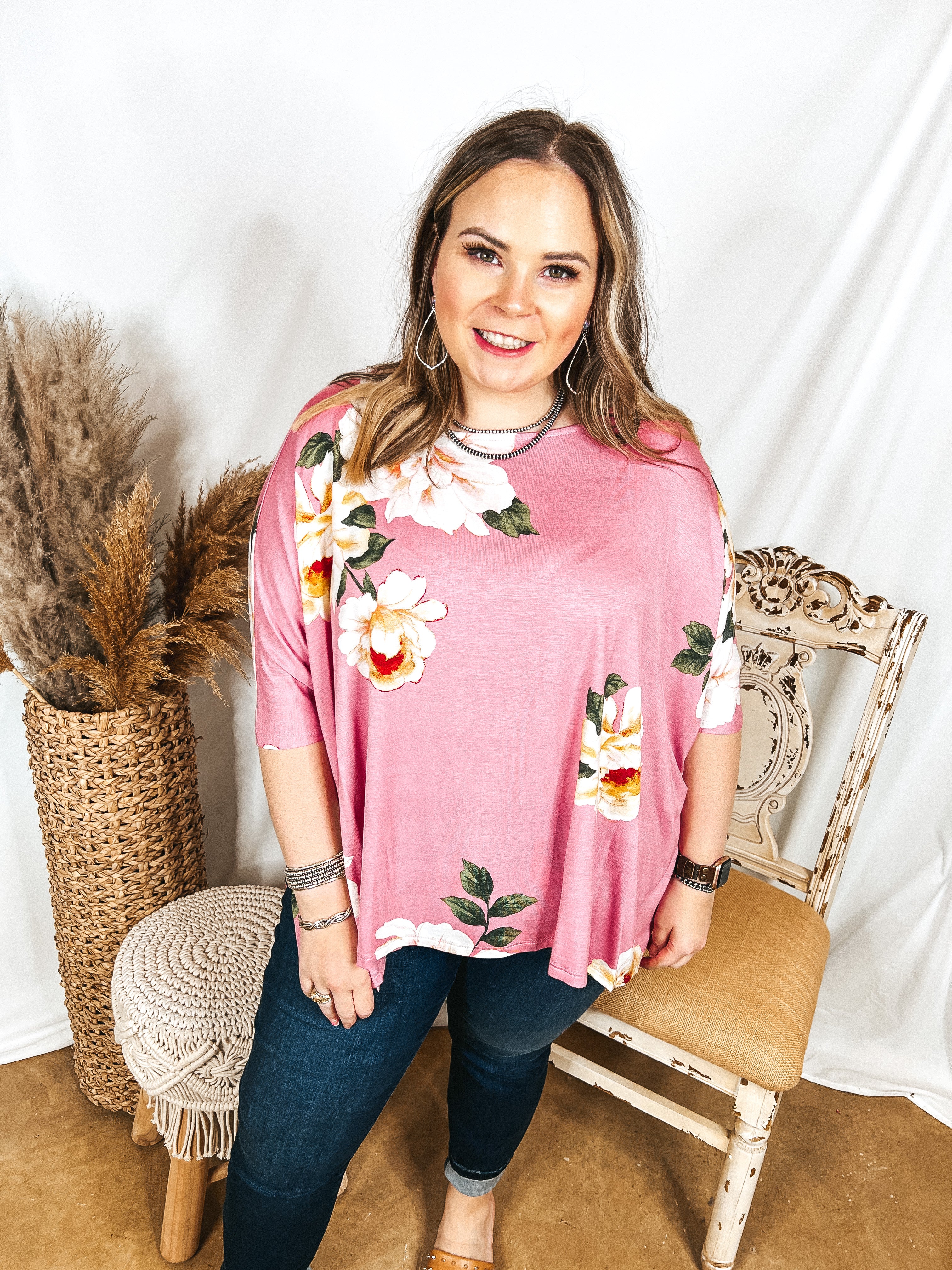 Somewhere Tropical Floral Print Poncho Top in Pink - Giddy Up Glamour Boutique