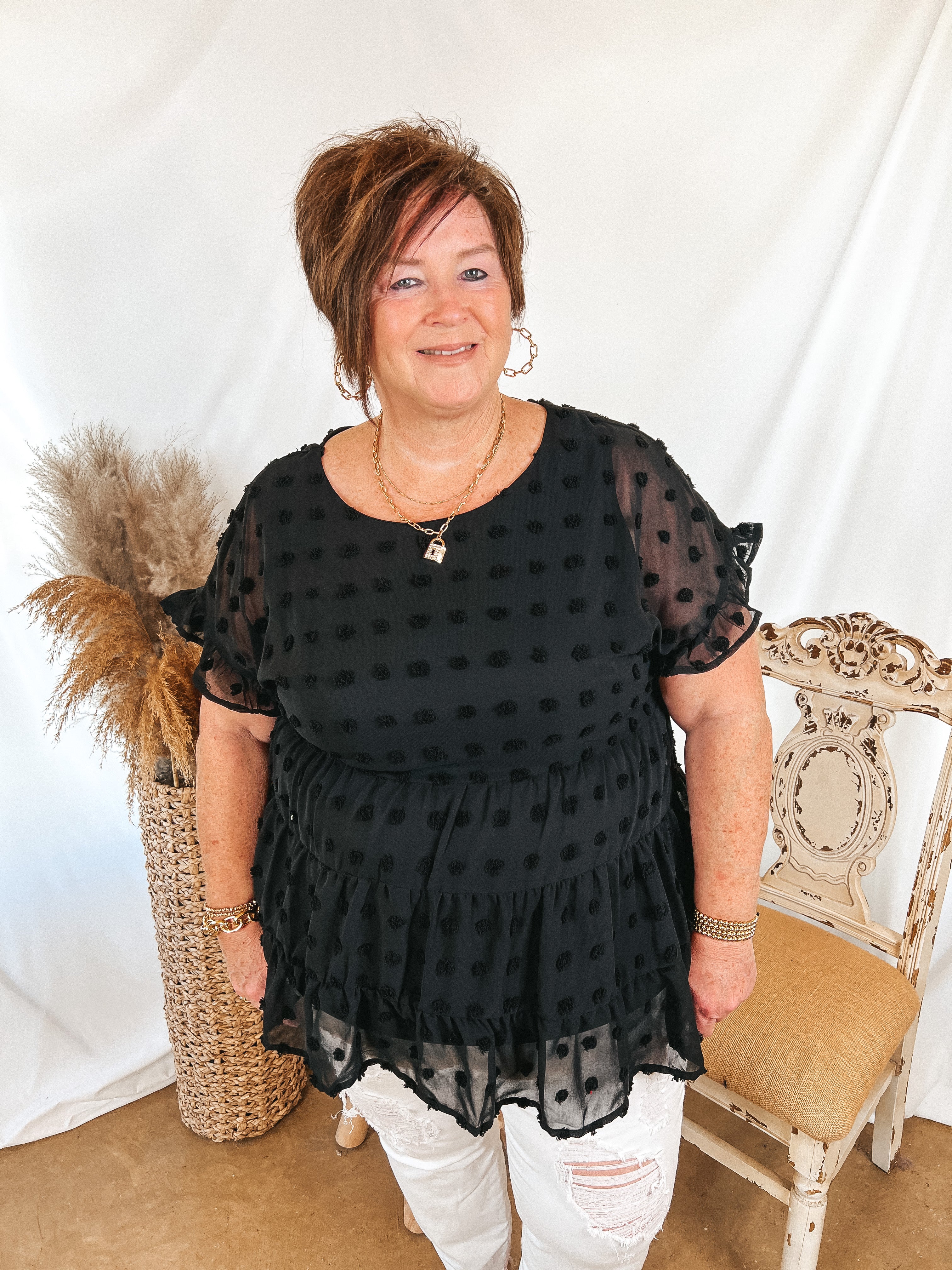 Such A Delight Tiered Swiss Dot Top with Ruffle Cap Sleeves in Black - Giddy Up Glamour Boutique