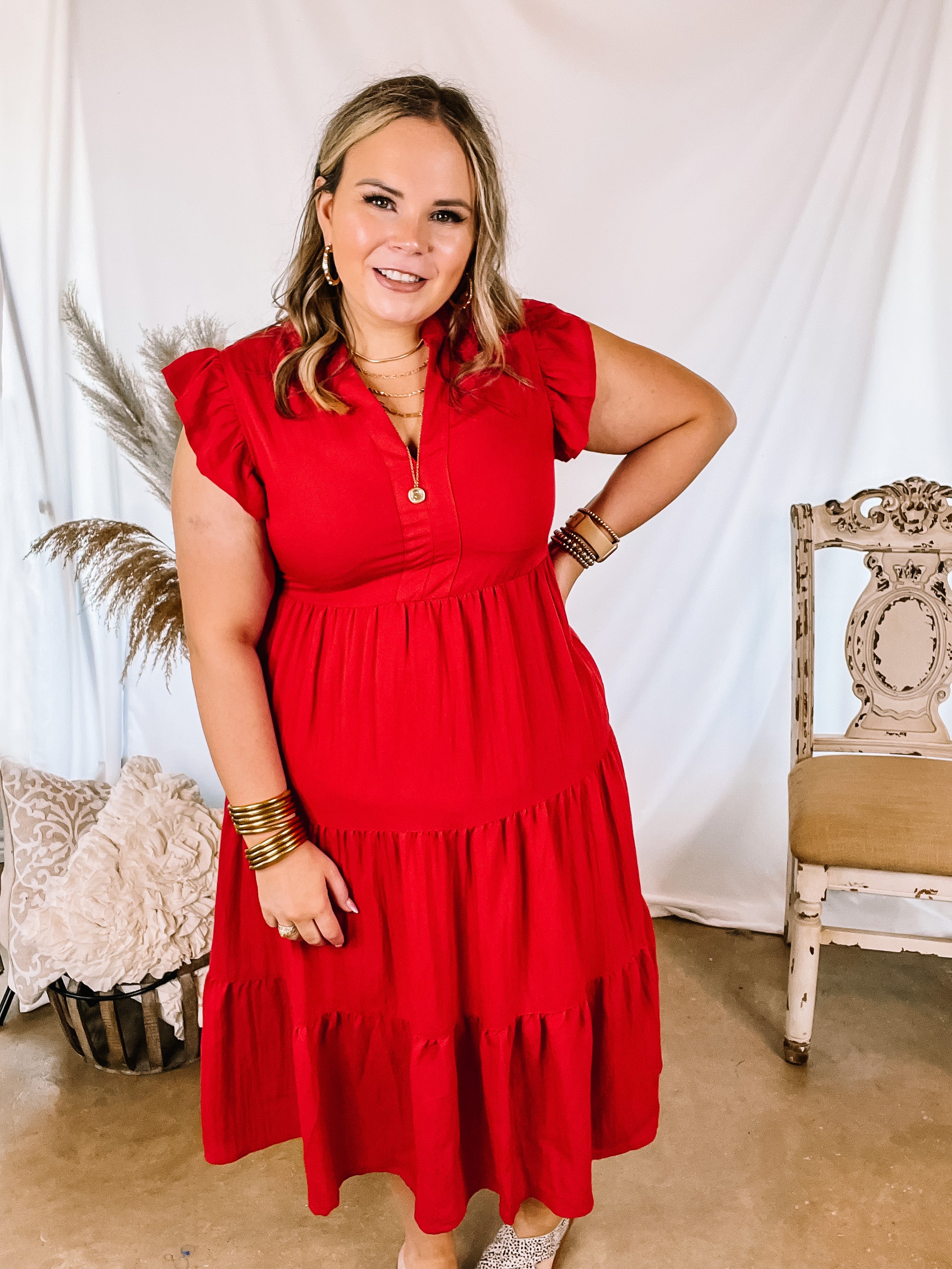 Magnolia Morning Ruffle Cap Sleeve Tiered Midi Dress in Red - Giddy Up Glamour Boutique