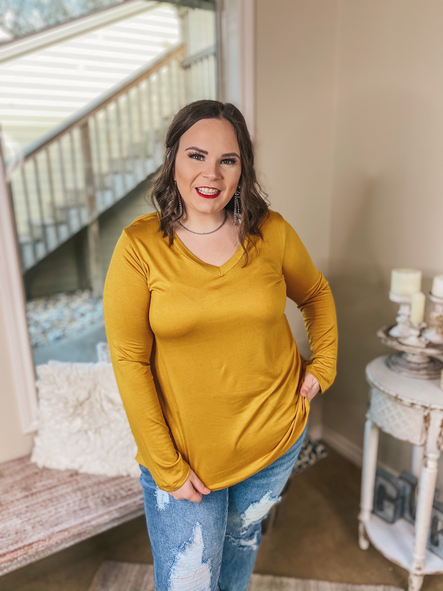 It's That Simple Solid V Neck Long Sleeve Tee in Mustard Yellow - Giddy Up Glamour Boutique