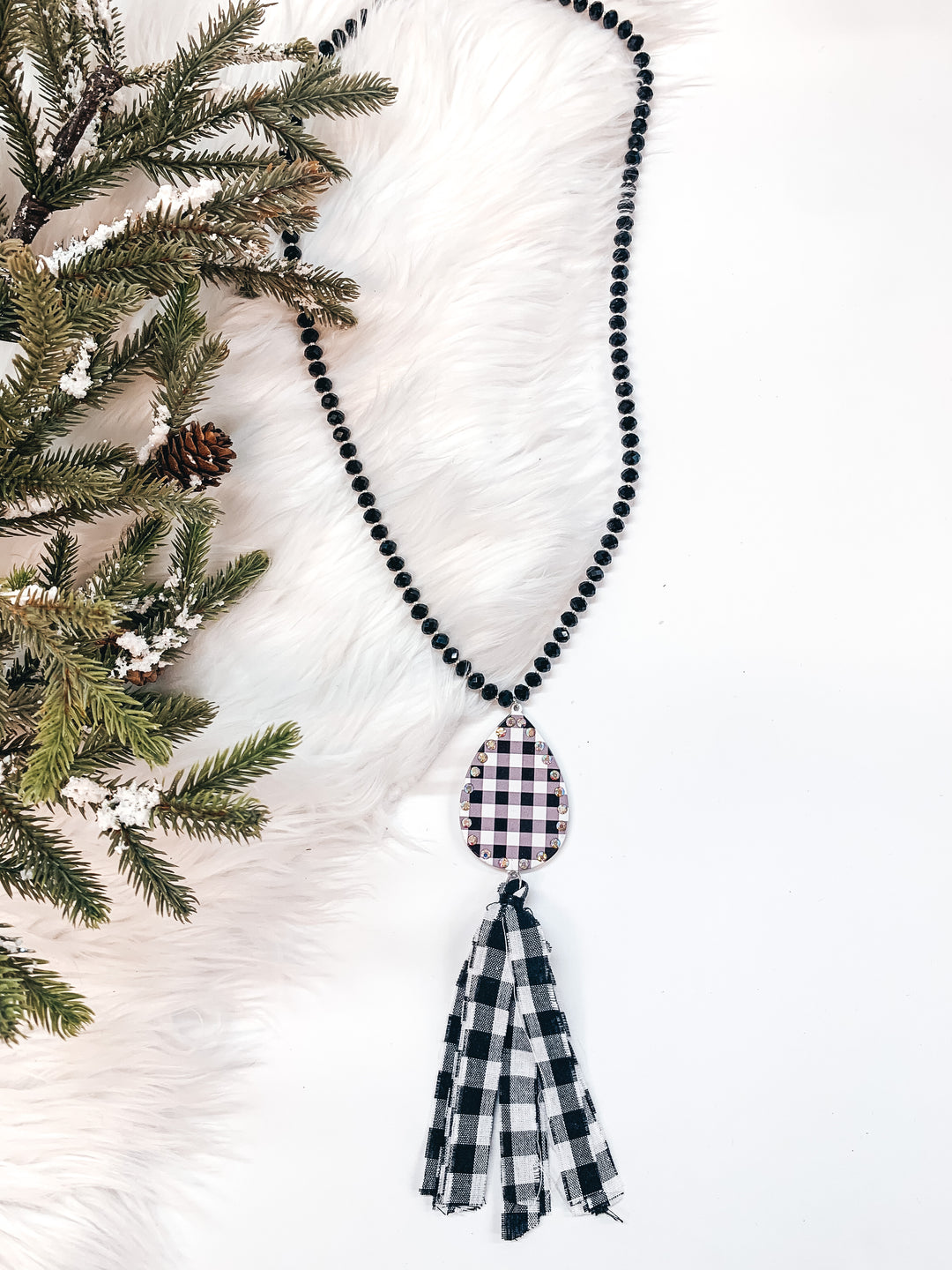 Crystal Beaded Necklace with Buffalo Plaid Teardrop Pendant and Tassel in Black - Giddy Up Glamour Boutique
