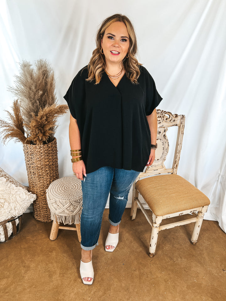 Weekend Out V Neck Placket Short Sleeve Top in Black - Giddy Up Glamour Boutique