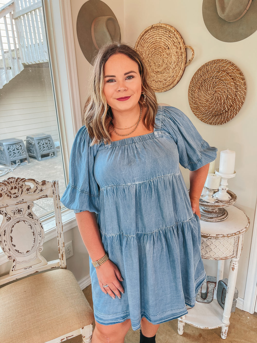 Wine Mixer Square Neck Chambray Tiered Dress in Light Wash - Giddy Up Glamour Boutique