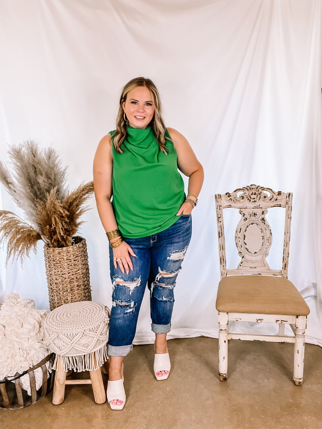 Hot Spot High Cowl Neck Tank Top in Green - Giddy Up Glamour Boutique