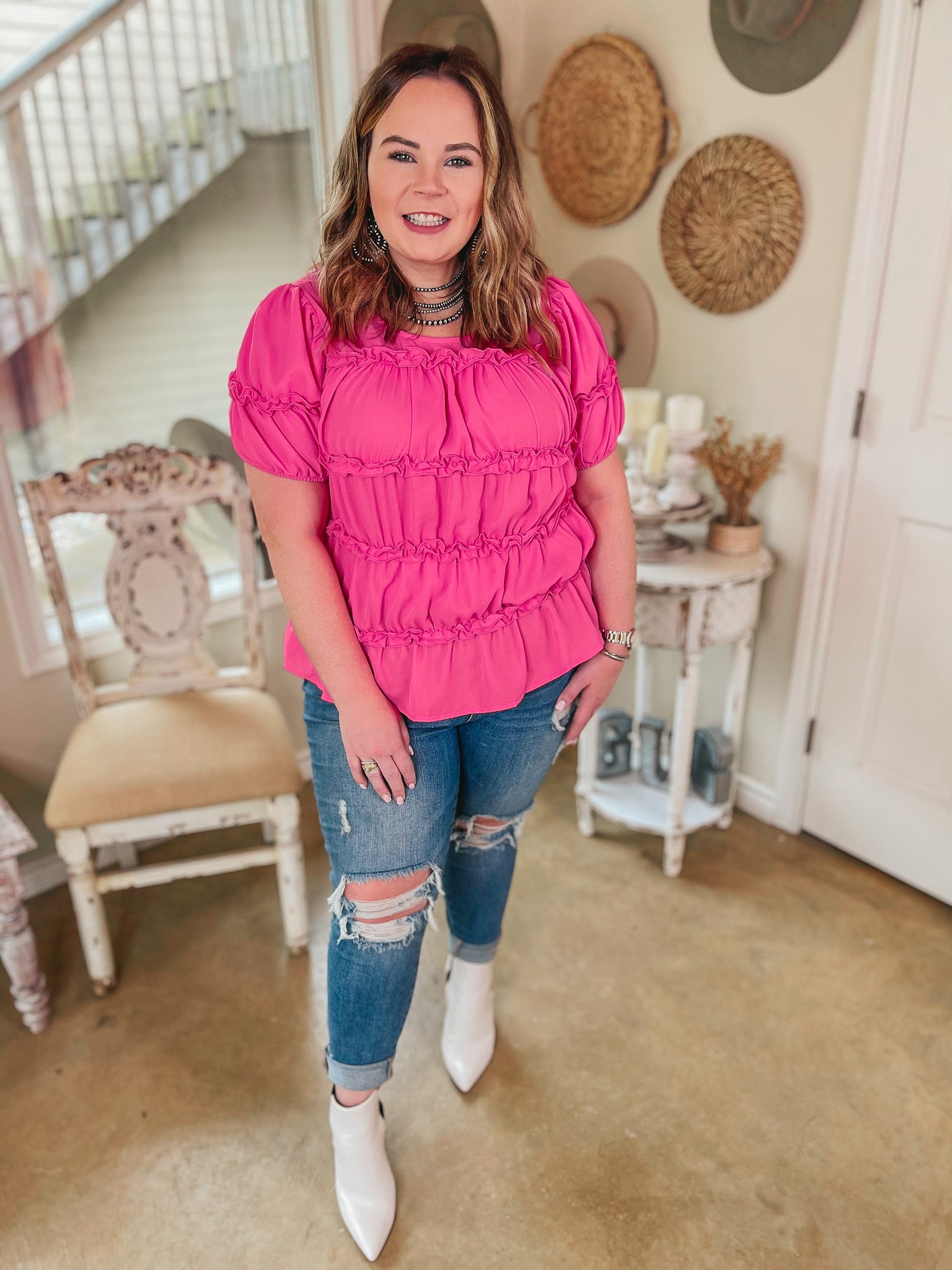 Hollywood Stroll Short Sleeve Ruffle Blouse in Fuchsia - Giddy Up Glamour Boutique