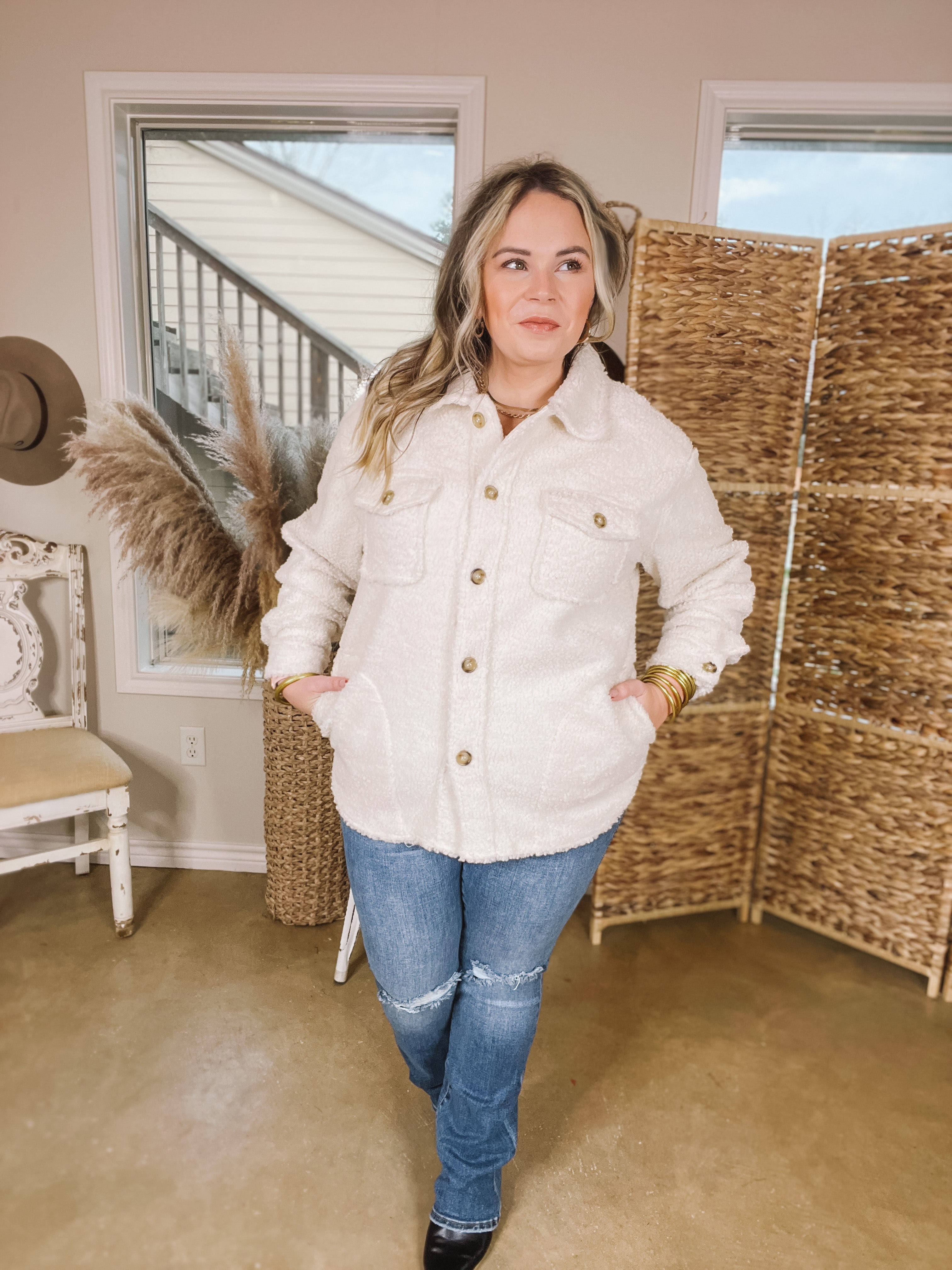 Snowy Afternoon Button Up Sherpa Shacket in Ivory - Giddy Up Glamour Boutique