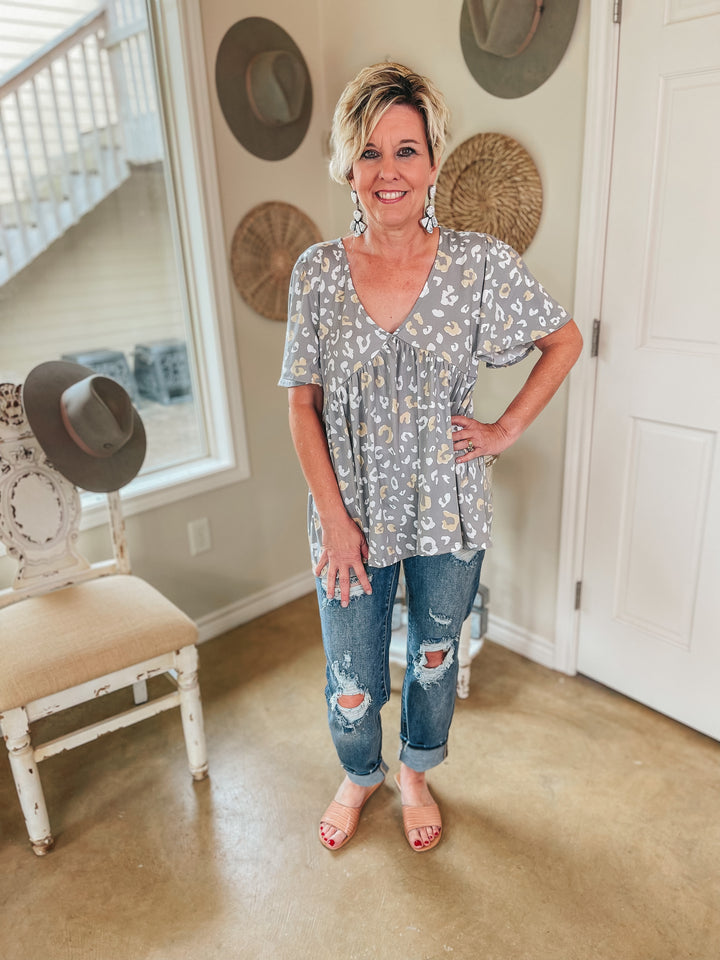 Brand New Look Leopard V Neck Babydoll Top in Grey - Giddy Up Glamour Boutique