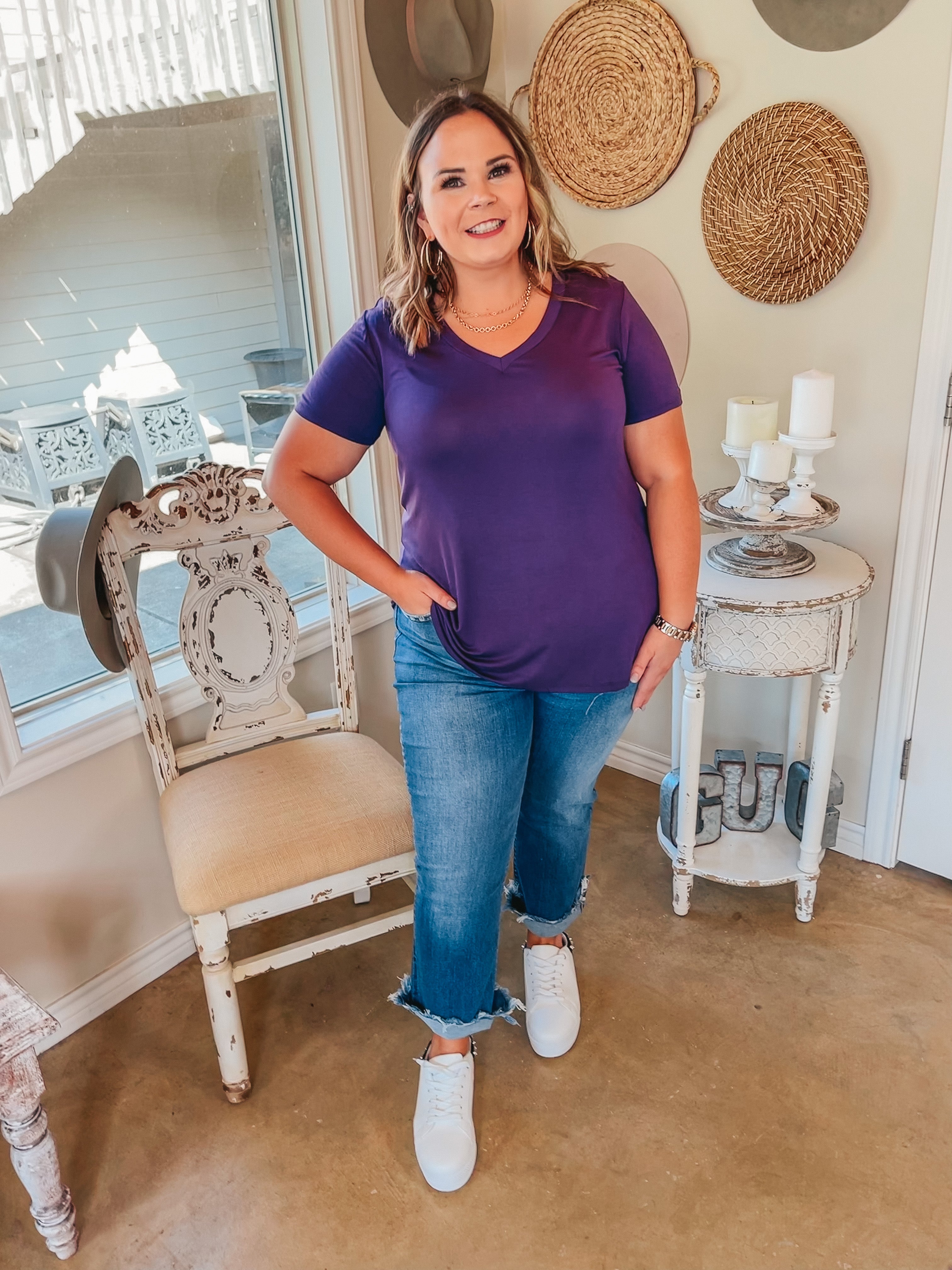 It's That Simple Solid V Neck Tee in Purple - Giddy Up Glamour Boutique