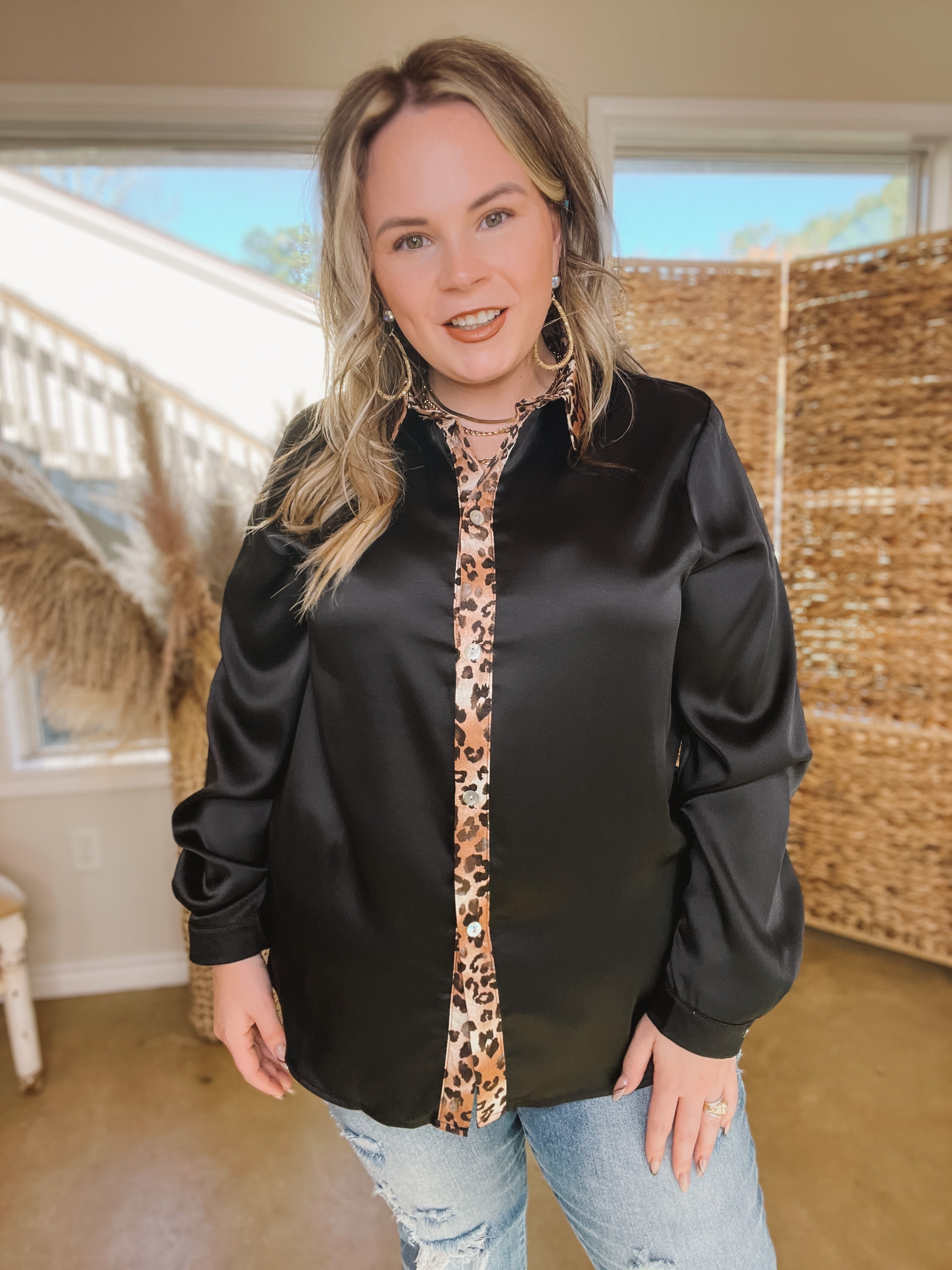 Sugar On Top Long Sleeve Button Up Satin Top with Leopard Print Trim in Black - Giddy Up Glamour Boutique