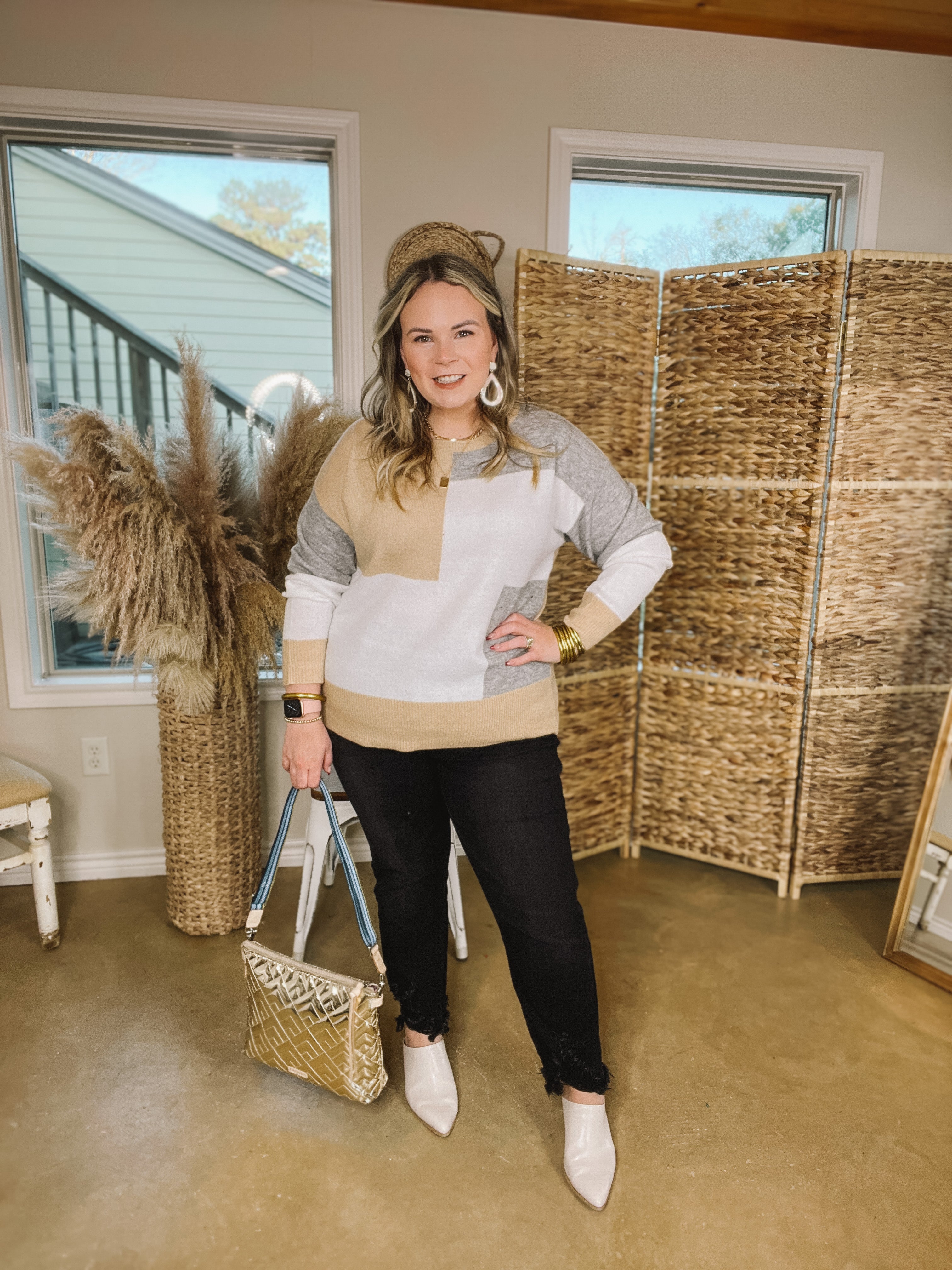 Frozen Lake Color Block Sweater in Ivory, Tan, and Grey - Giddy Up Glamour Boutique