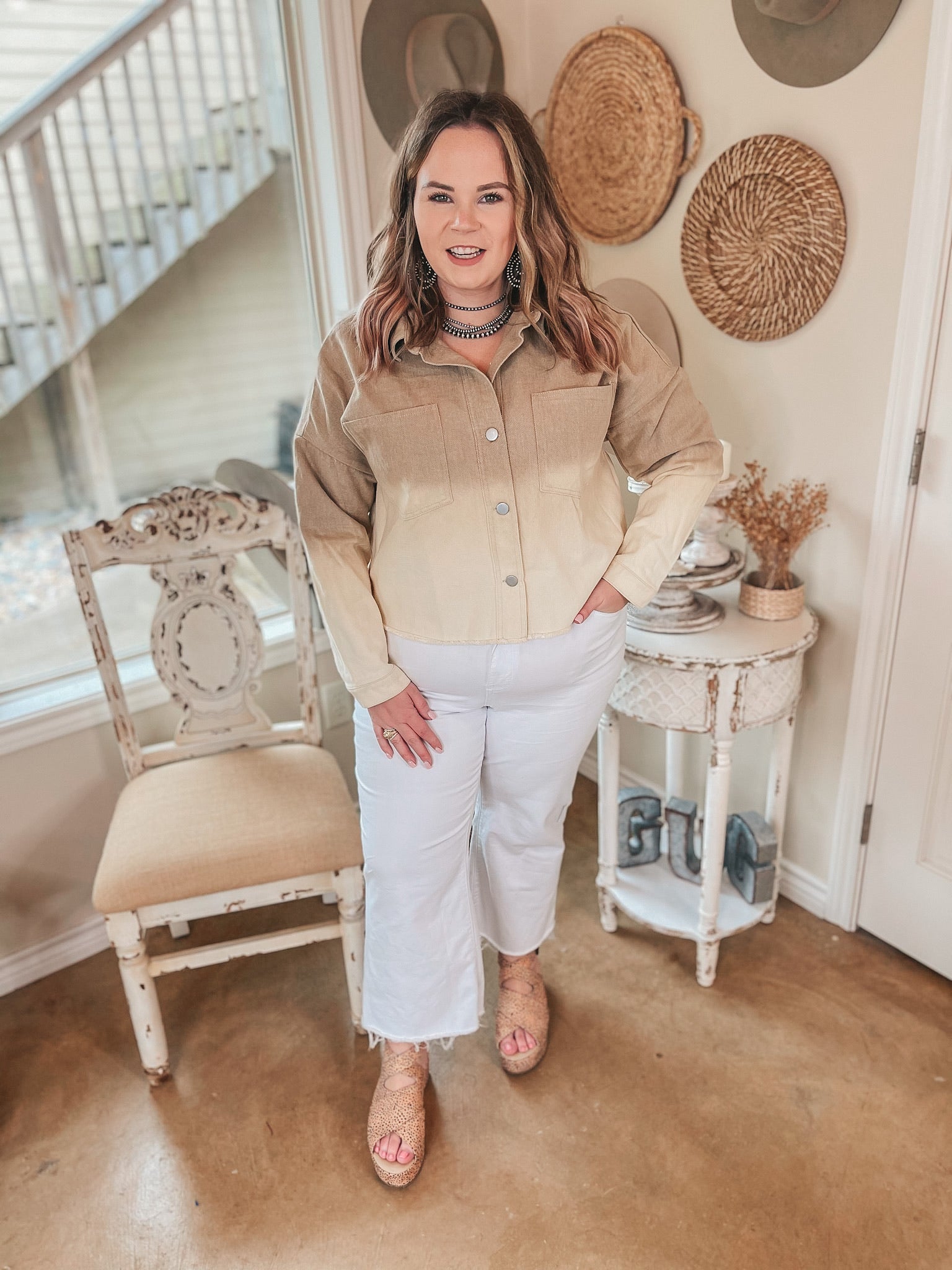90's Baby Ombre Cropped Denim Button Up Jacket in Taupe - Giddy Up Glamour Boutique