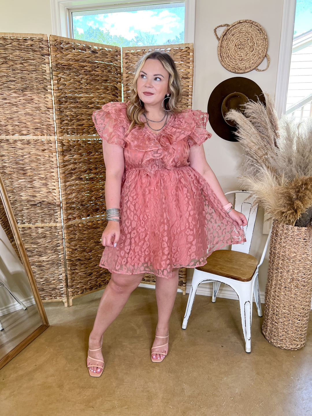 Welcome To Hollywood Sheer Leopard Print Dress with Ruffle Detail in Blush Pink - Giddy Up Glamour Boutique