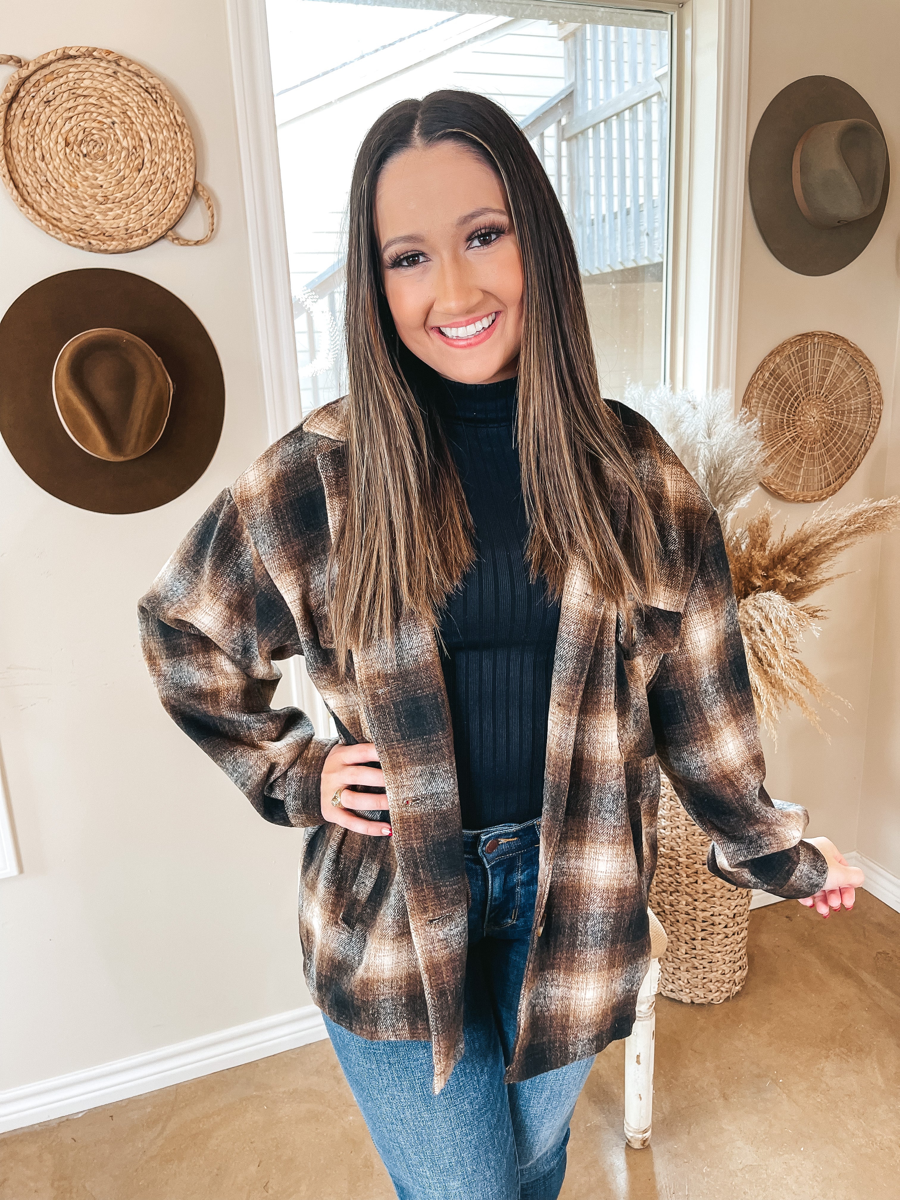 Original Idea Plaid Button Up Shacket in Brown - Giddy Up Glamour Boutique