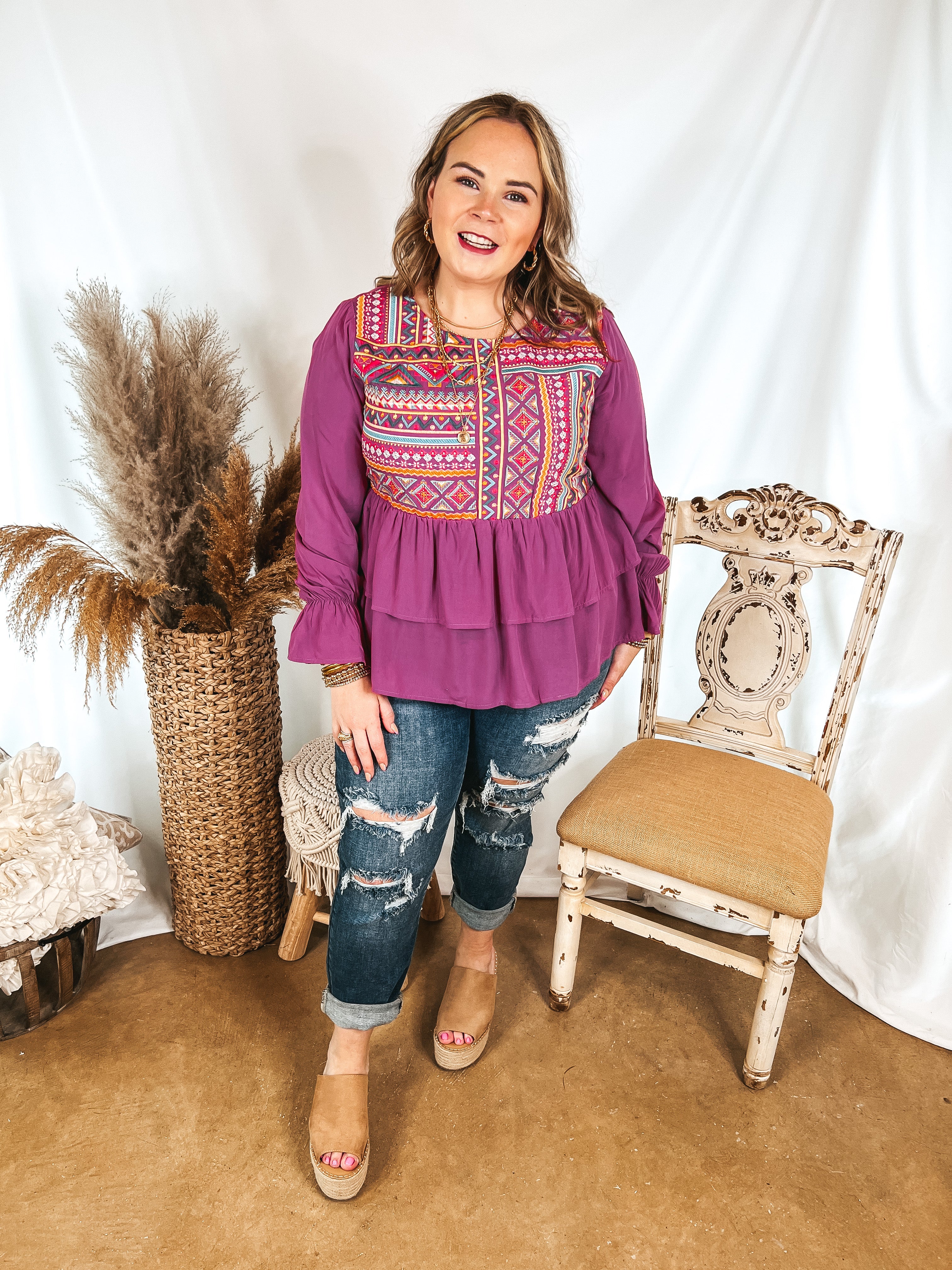 Rhythm Of The Season Embroidered Long Sleeve Top in Magenta - Giddy Up Glamour Boutique