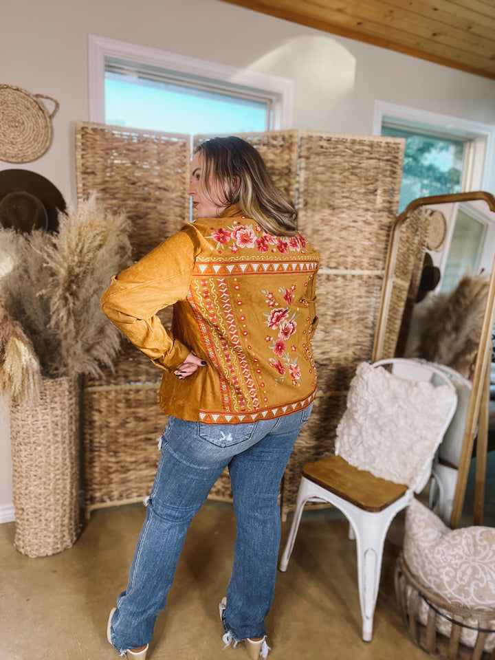 Small Town Girl Floral Embroidered Suede Button Up Jacket in Camel Brown - Giddy Up Glamour Boutique