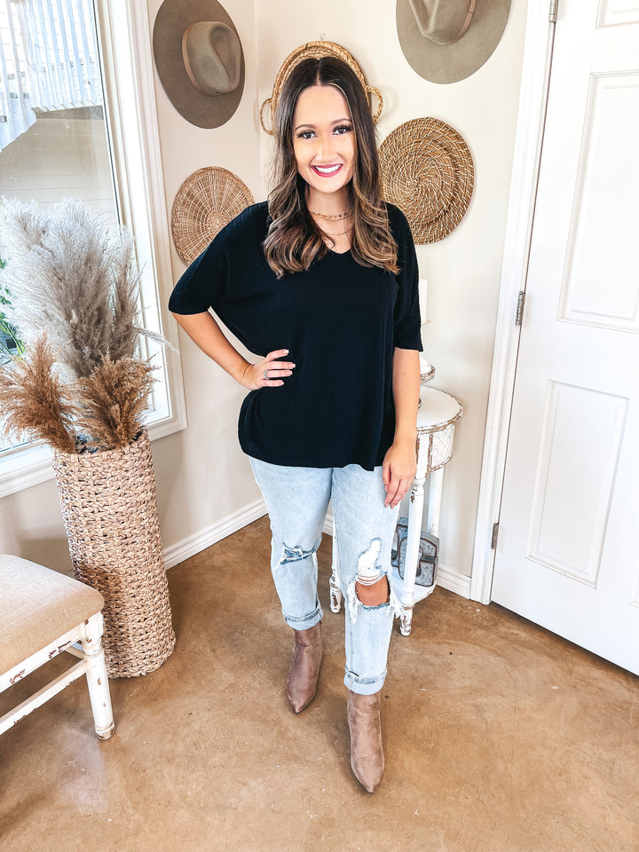No Secrets V Neck Ribbed Poncho Top in Black - Giddy Up Glamour Boutique