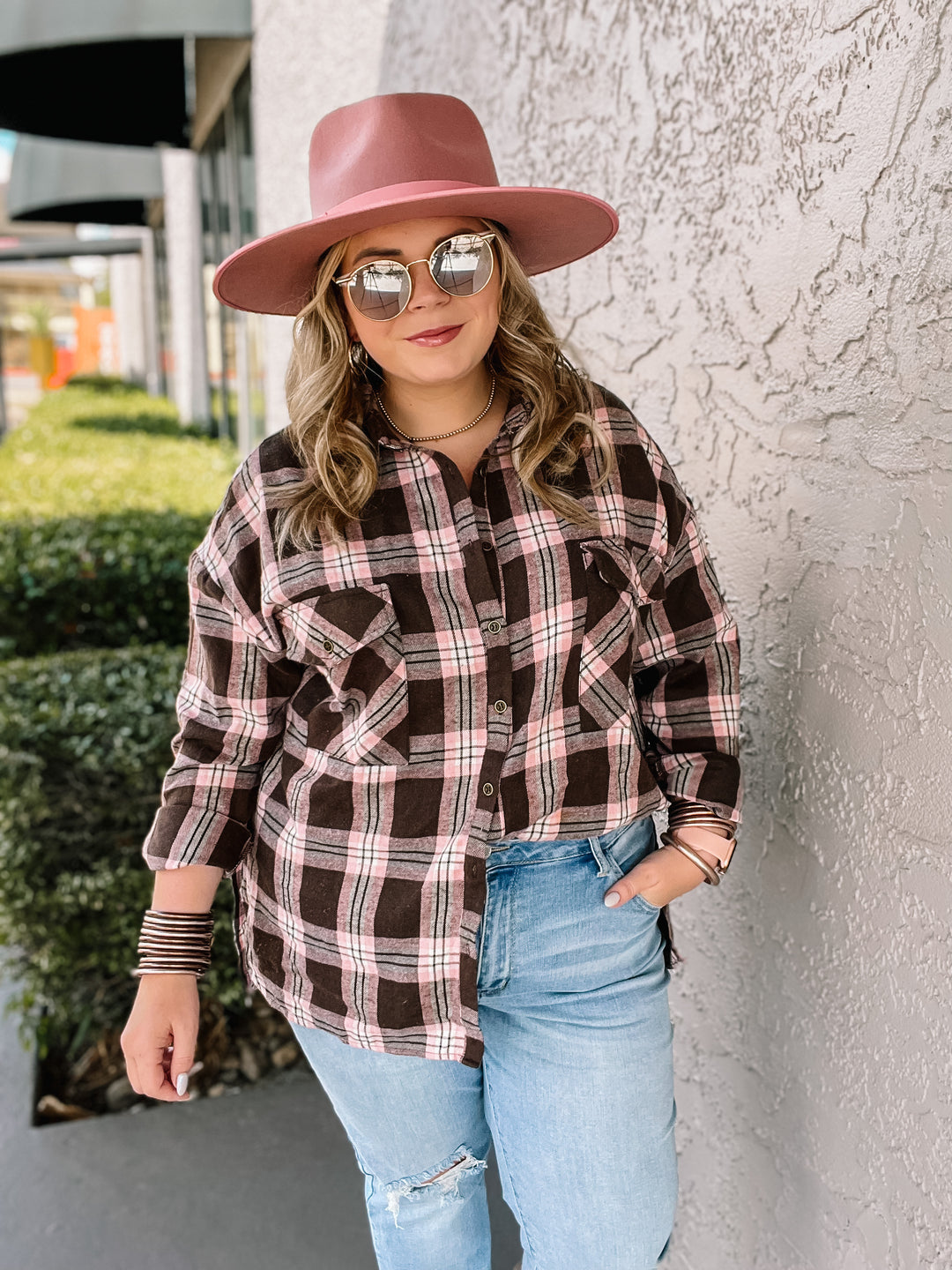 Cheery Mood Button Up Plaid Flannel Top in Pink and Brown - Giddy Up Glamour Boutique