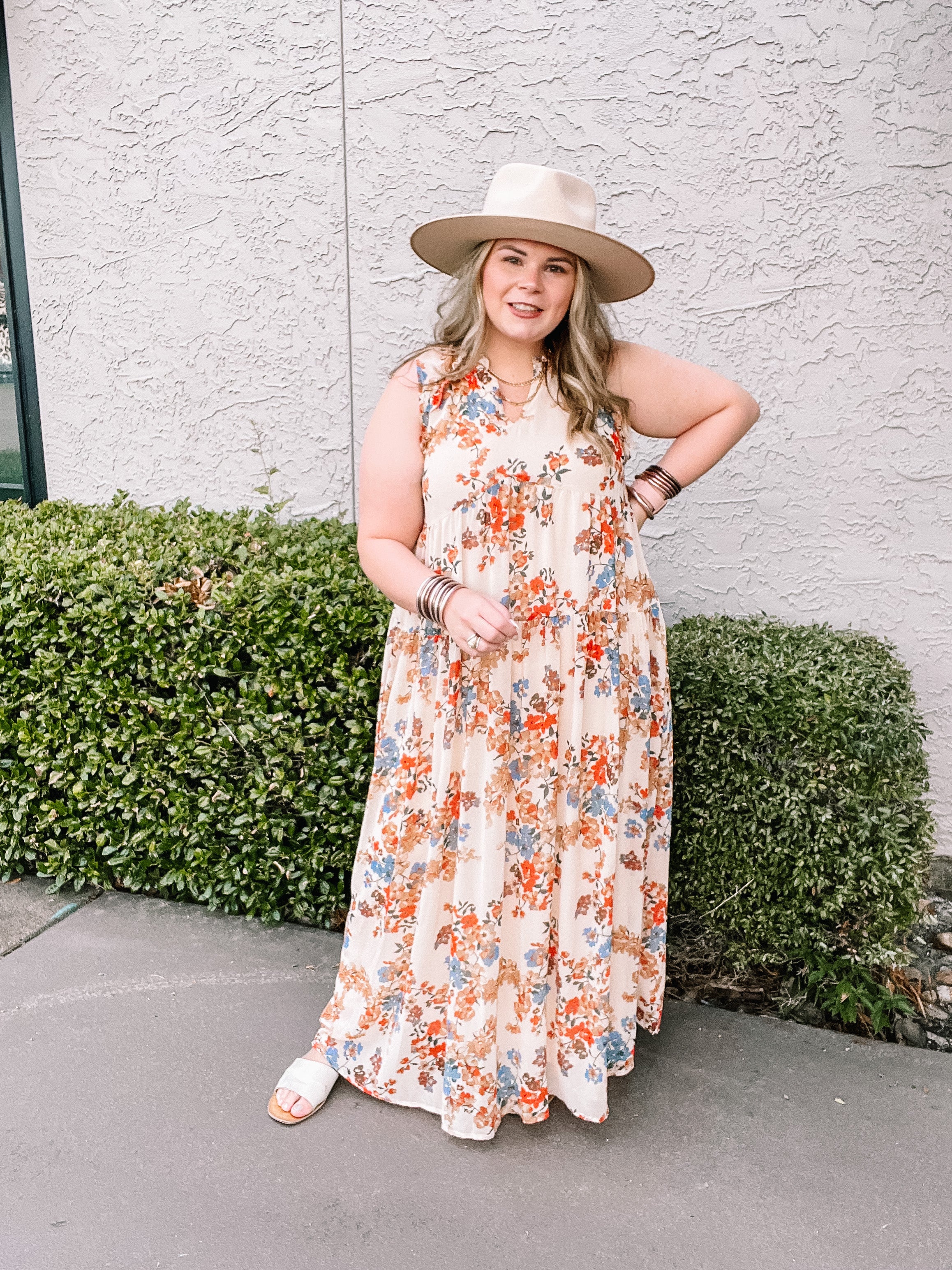 Sharing and Caring Notched Neck Tiered Floral Maxi Dress in Ivory - Giddy Up Glamour Boutique
