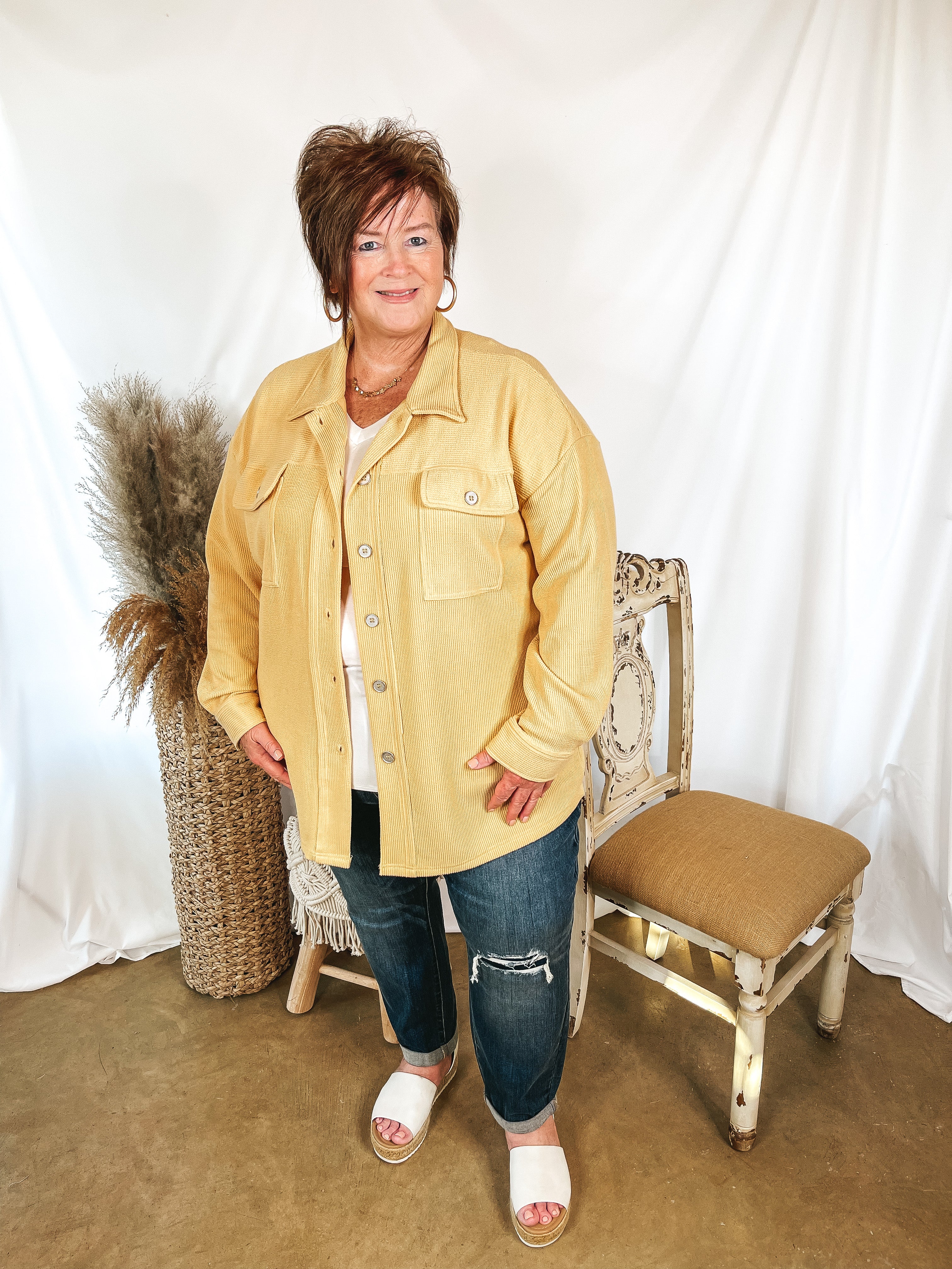 Say Less Button Up Knit Shacket in Straw Yellow - Giddy Up Glamour Boutique