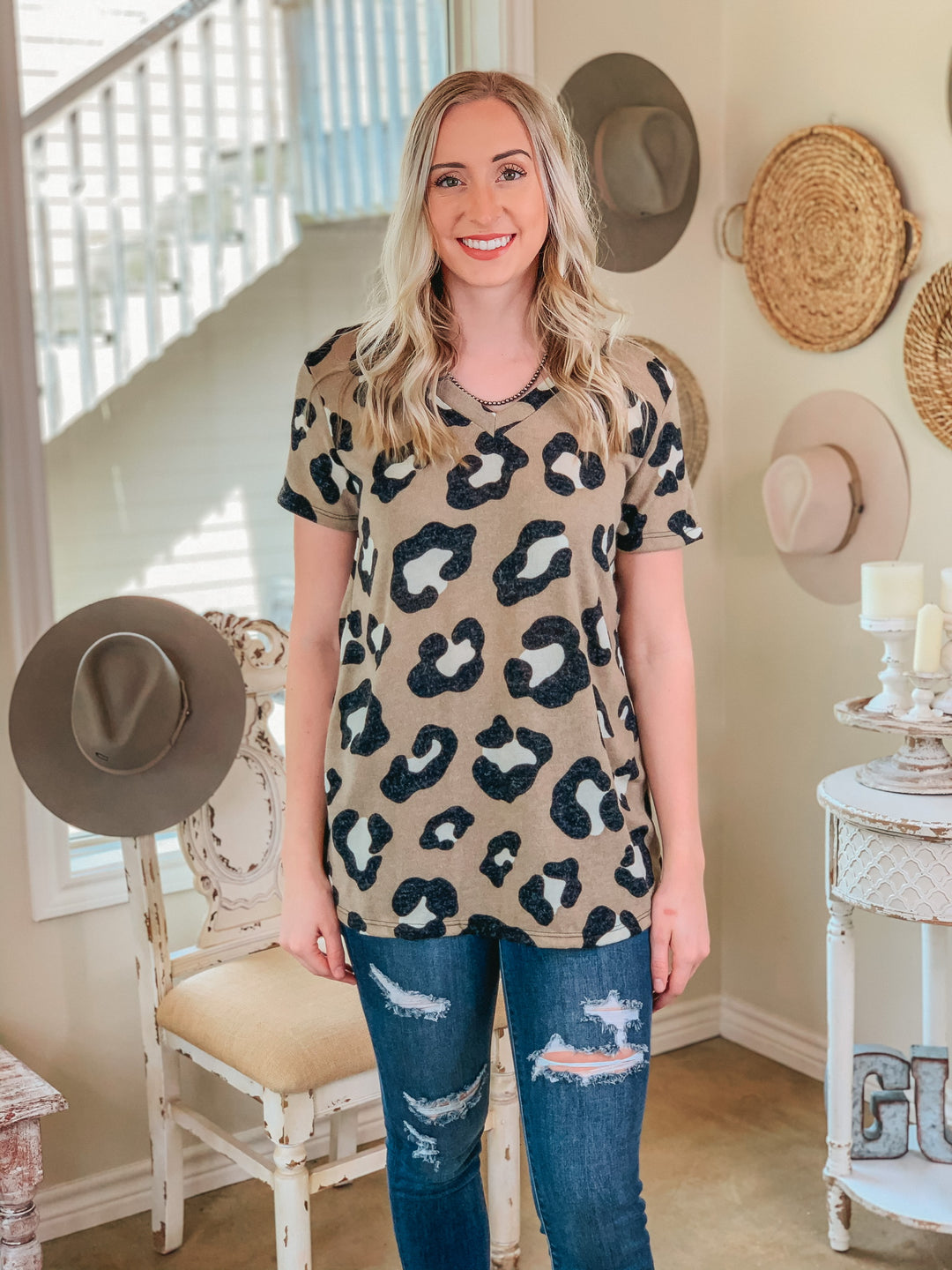 Keep Things Simple Large Leopard V Neck Tee Shirt in Taupe - Giddy Up Glamour Boutique