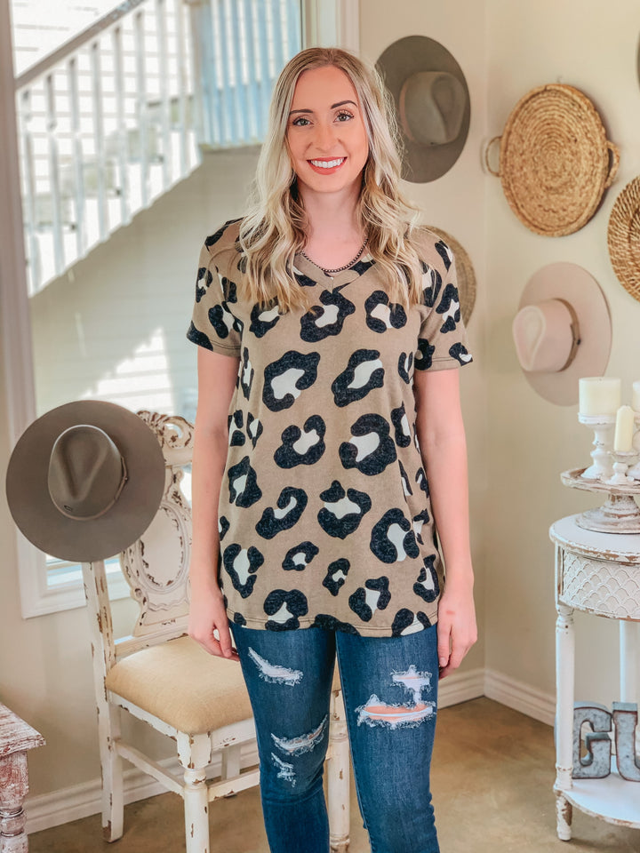 Keep Things Simple Large Leopard V Neck Tee Shirt in Taupe - Giddy Up Glamour Boutique