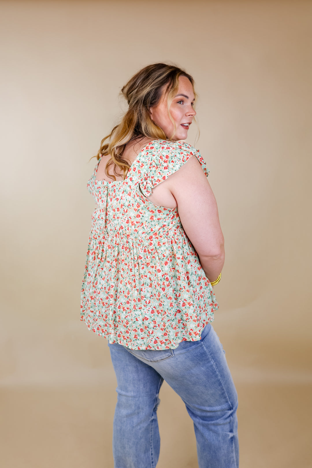 Magic Melody Floral Babydoll Tank Top in Light Sage Green - Giddy Up Glamour Boutique
