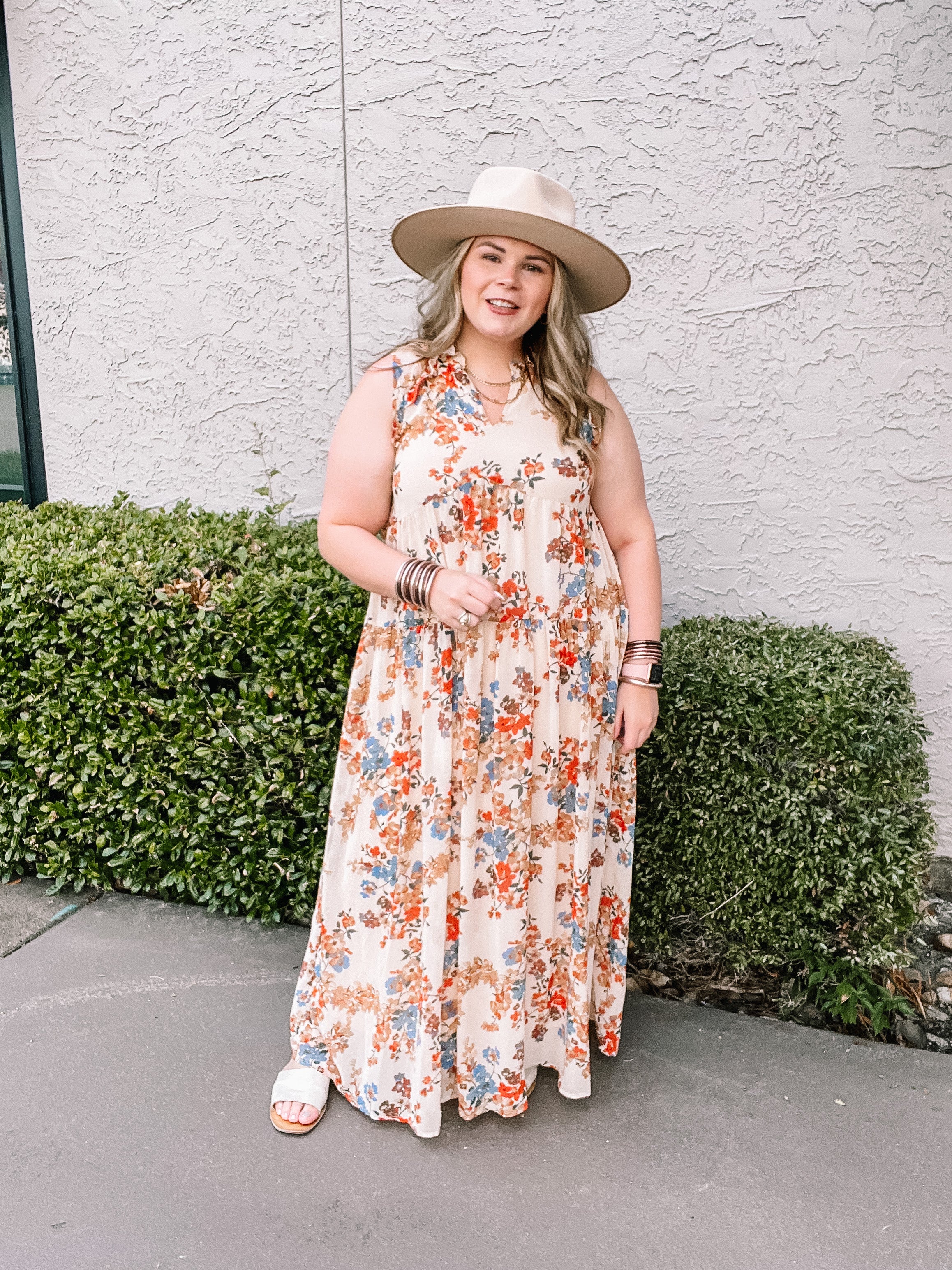 Sharing and Caring Notched Neck Tiered Floral Maxi Dress in Ivory - Giddy Up Glamour Boutique
