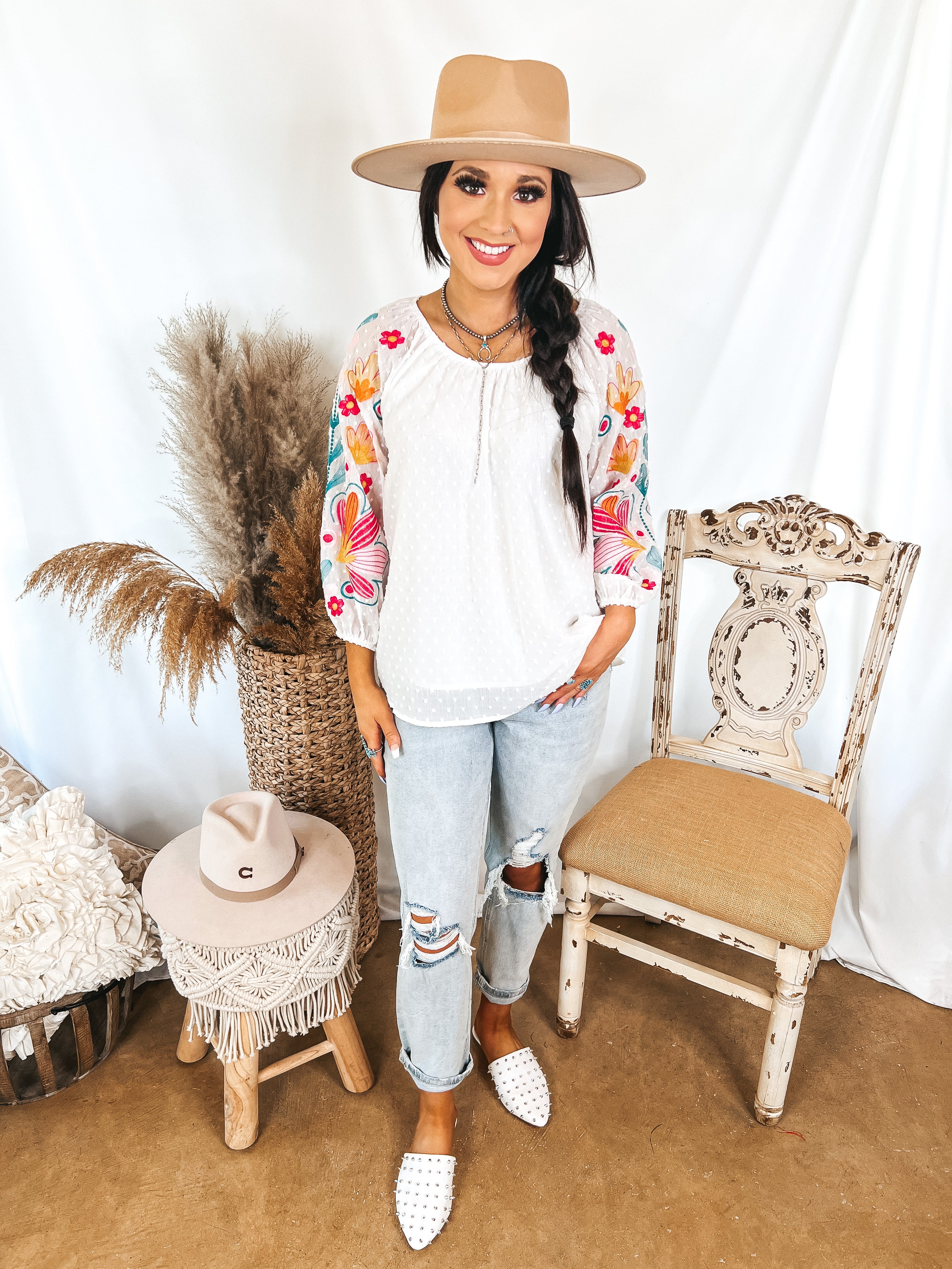 Right About You Floral Embroidered 3/4 Sleeve Top in White - Giddy Up Glamour Boutique