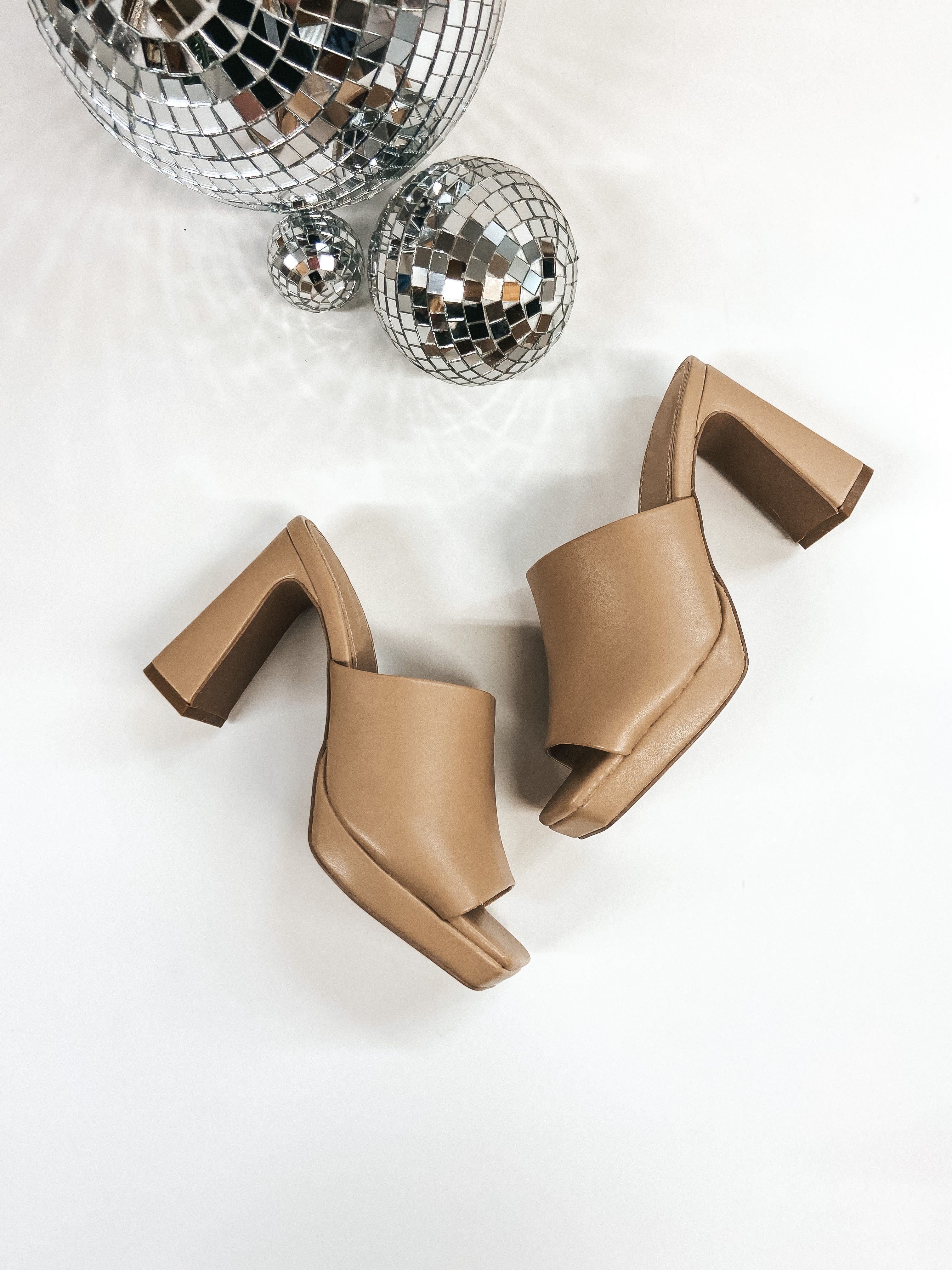 Chic Moment Slide On Block High Heels in Tan - Giddy Up Glamour Boutique