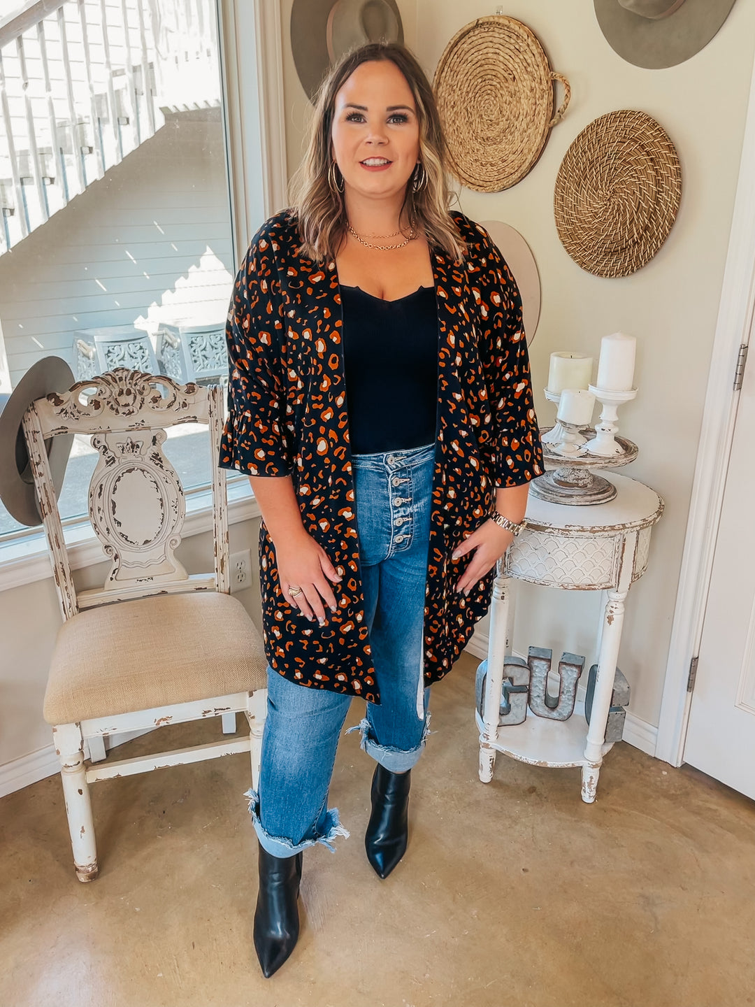 Tell Me About It Sheer Rust Leopard Kimono with Ruffle Sleeves in Black - Giddy Up Glamour Boutique