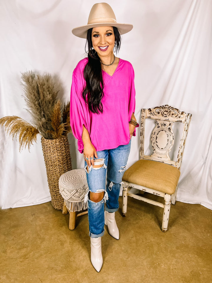 No Rules V Neck Poncho Top in Fuchsia Pink - Giddy Up Glamour Boutique