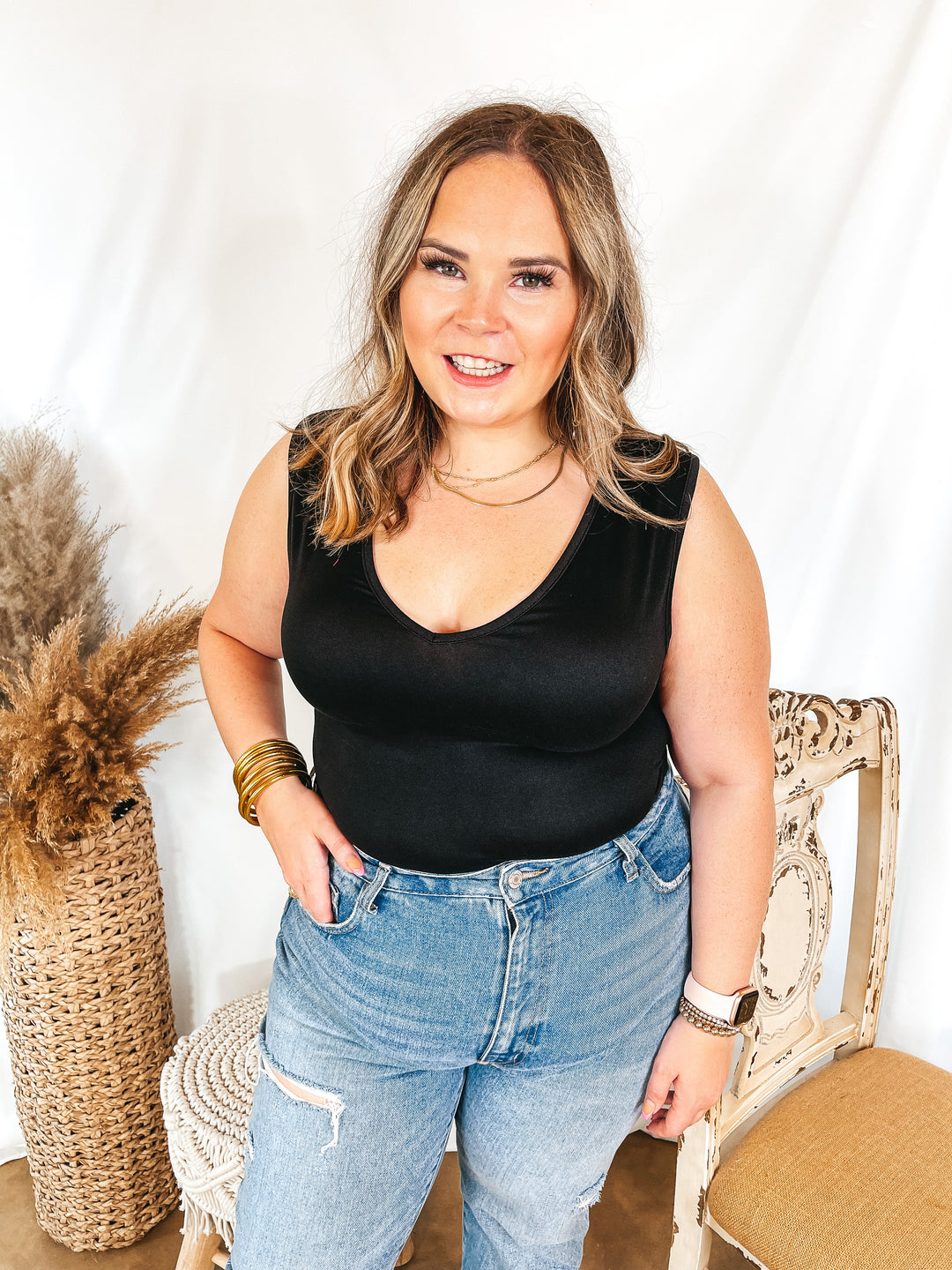 Perfect Night V Neck Tank Bodysuit in Black - Giddy Up Glamour Boutique