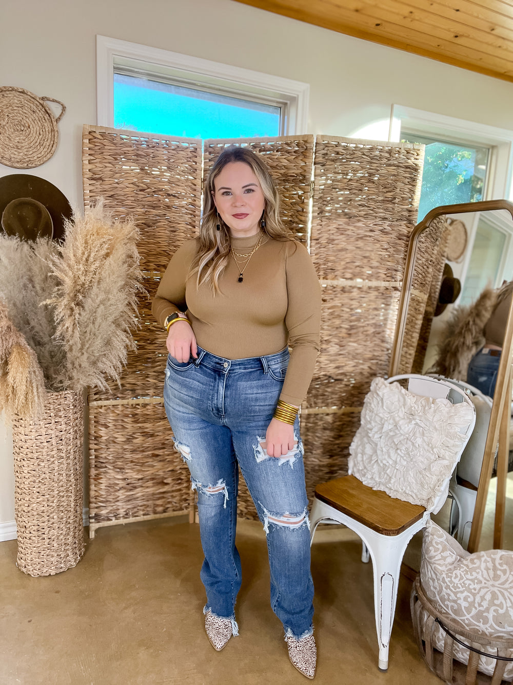 Up At Dawn Ribbed Mock Neck Long Sleeve Crop Top in Light Brown - Giddy Up Glamour Boutique