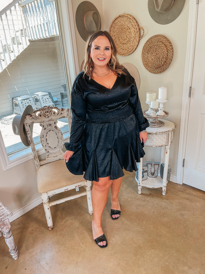 Wine Toast Dotted Smocked Waist V Neck Satin Dress in Black - Giddy Up Glamour Boutique