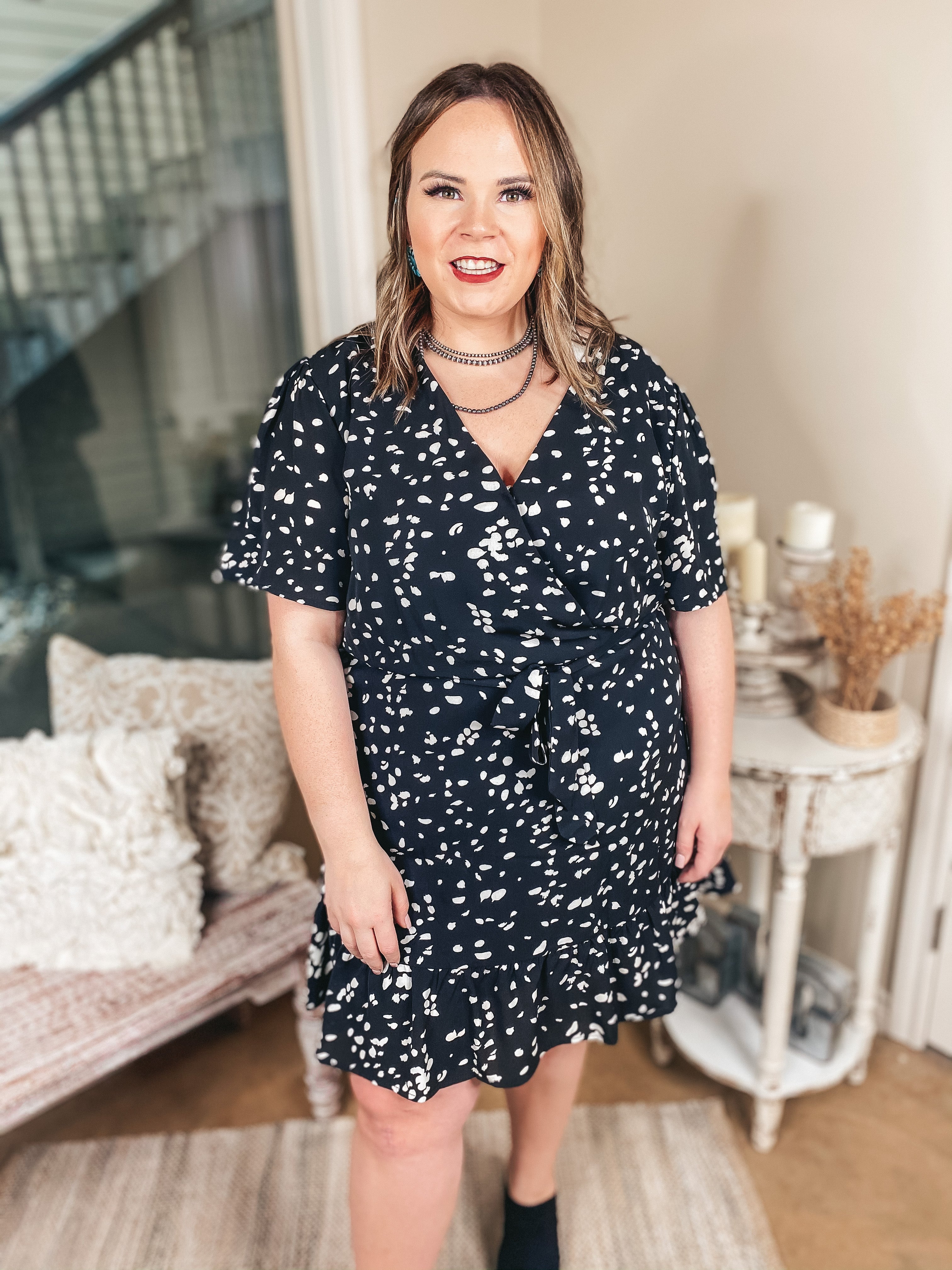 Dotted With Love Short Sleeve Dotted Wrap Dress in Black - Giddy Up Glamour Boutique