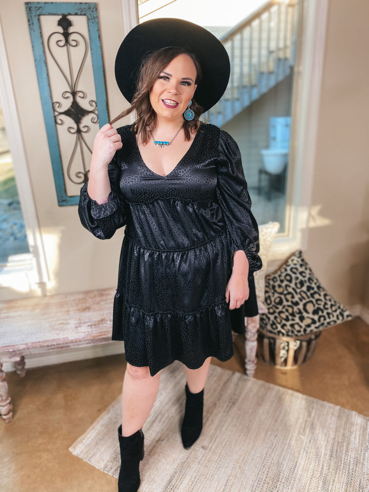 Midnight Shine Dotted Ruffle Tiered Satin Dress with Back Tie in Black - Giddy Up Glamour Boutique