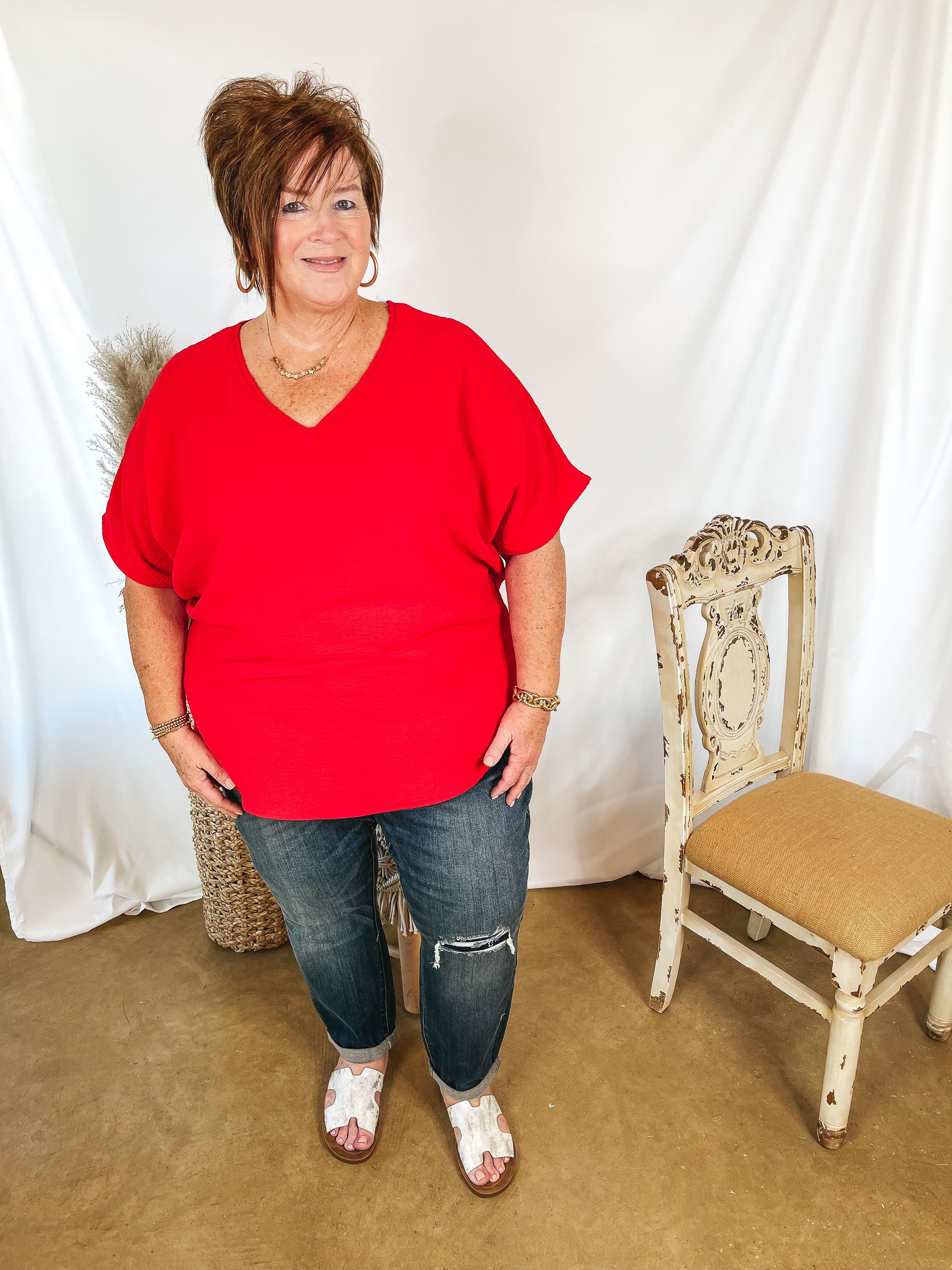 Lovely Dear V Neck Short Sleeve Solid Top in Red - Giddy Up Glamour Boutique