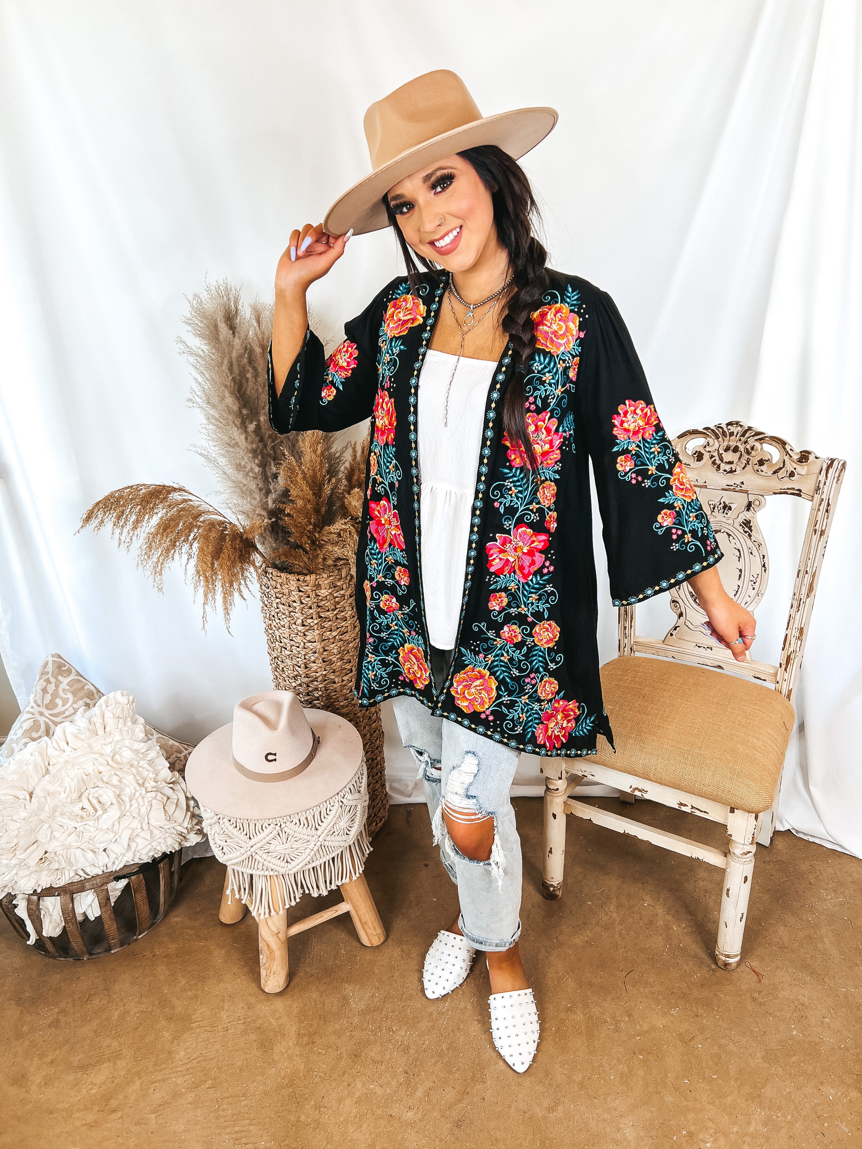 Lifetime of Happiness Floral Embroidered 3/4 Sleeve Kimono in Black - Giddy Up Glamour Boutique