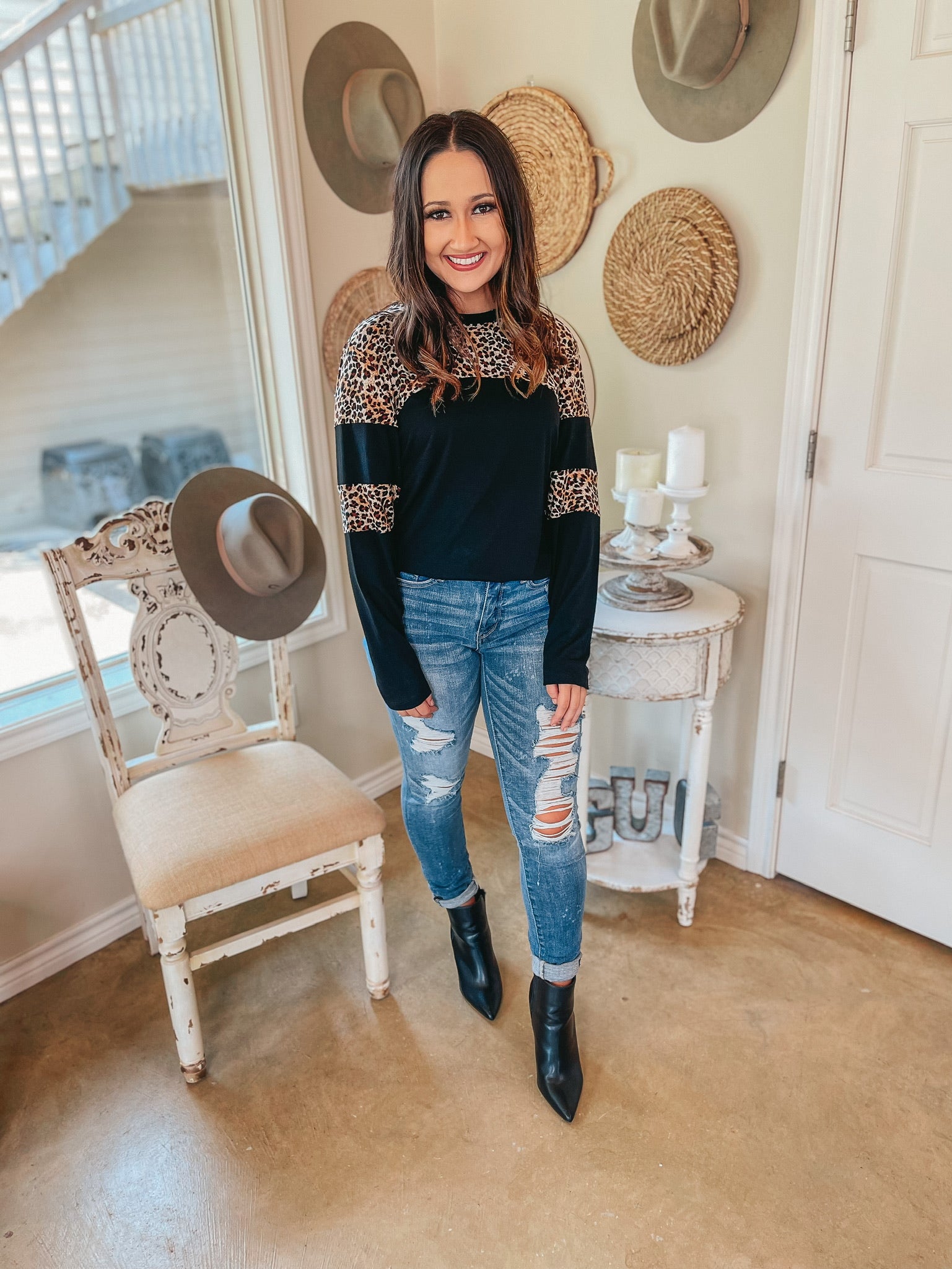 Get the Look Leopard Upper and Elbow Long Sleeve Top in Black - Giddy Up Glamour Boutique