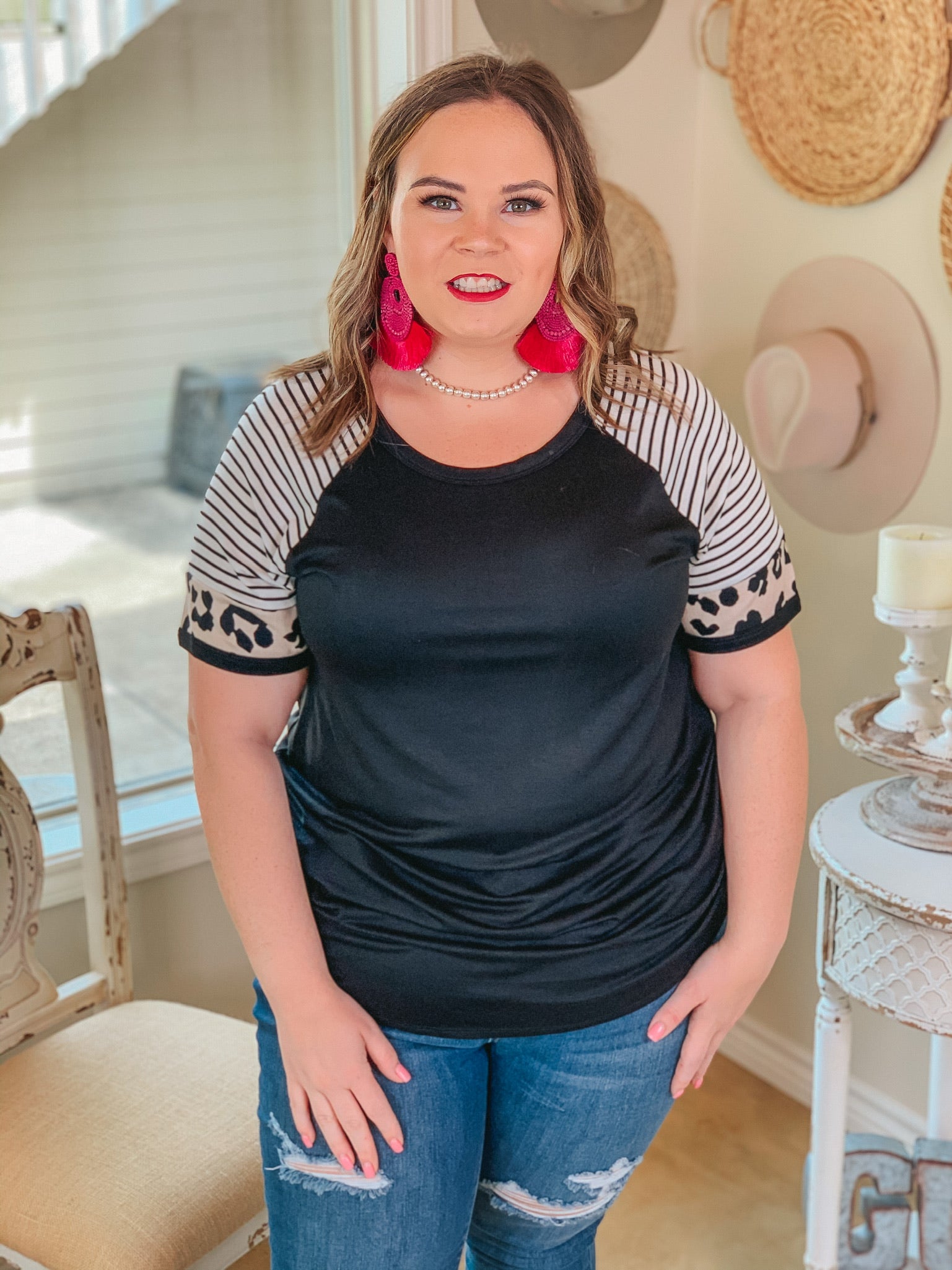 Here All Year Leopard and Stripe Short Sleeve Top in Black - Giddy Up Glamour Boutique