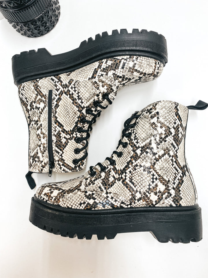 Born to be Wild Combat Boots in Snake - Giddy Up Glamour Boutique