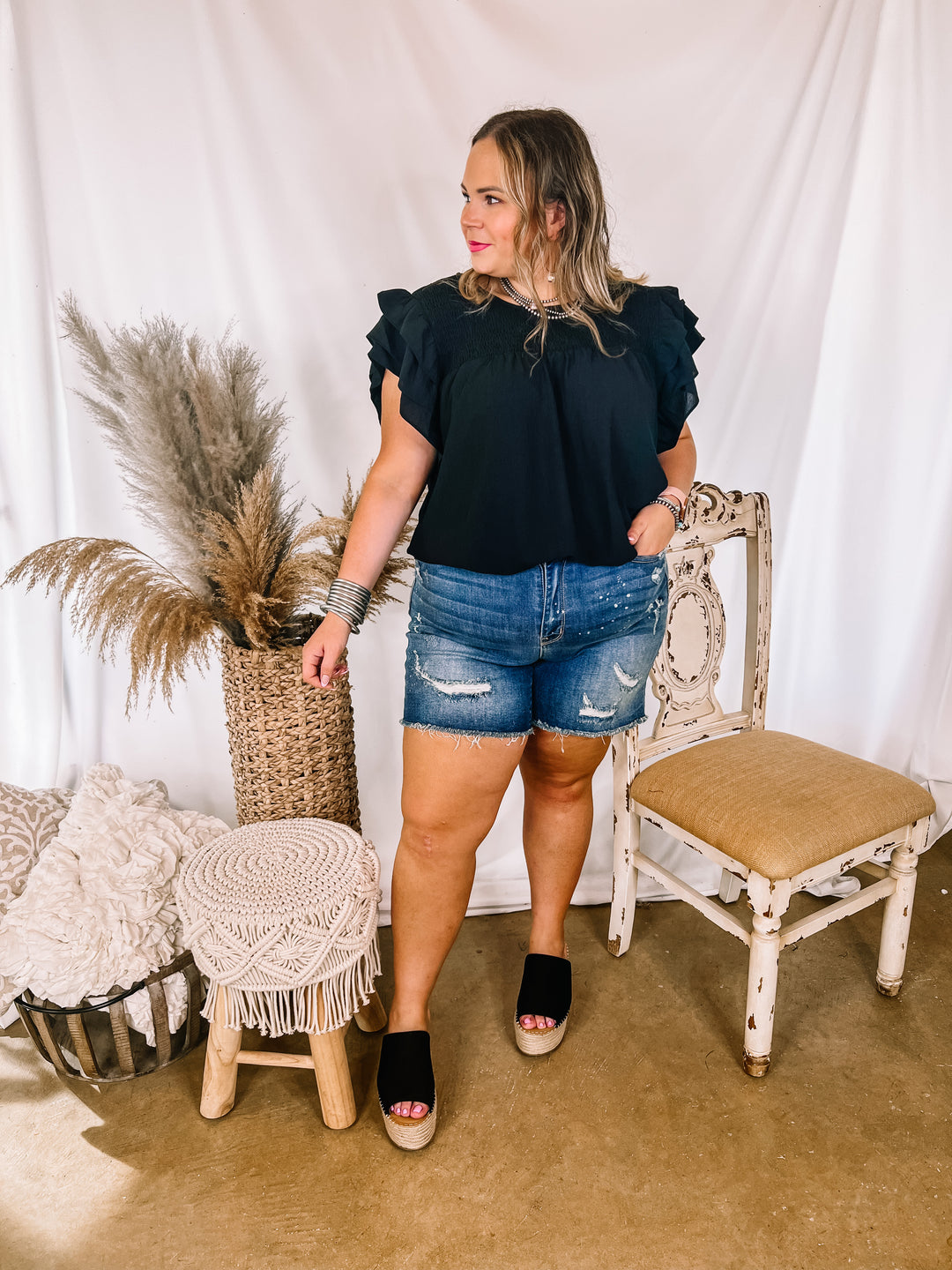 Balcony Nights Ruffle Shoulder Cap Sleeve Blouse in Black - Giddy Up Glamour Boutique